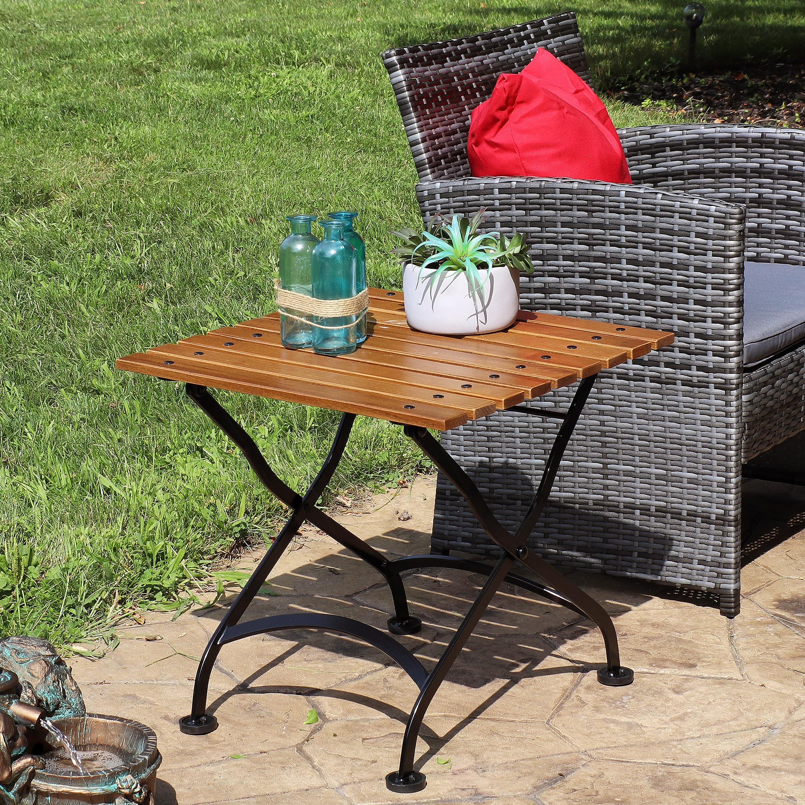 Sunnydaze European Chestnut Wood Folding Square Side Table - 20 Inch Brown Indoor Outdoor Patio Furniture - Perfect for Garden, Poolside, Balcony & Living Room Decor
