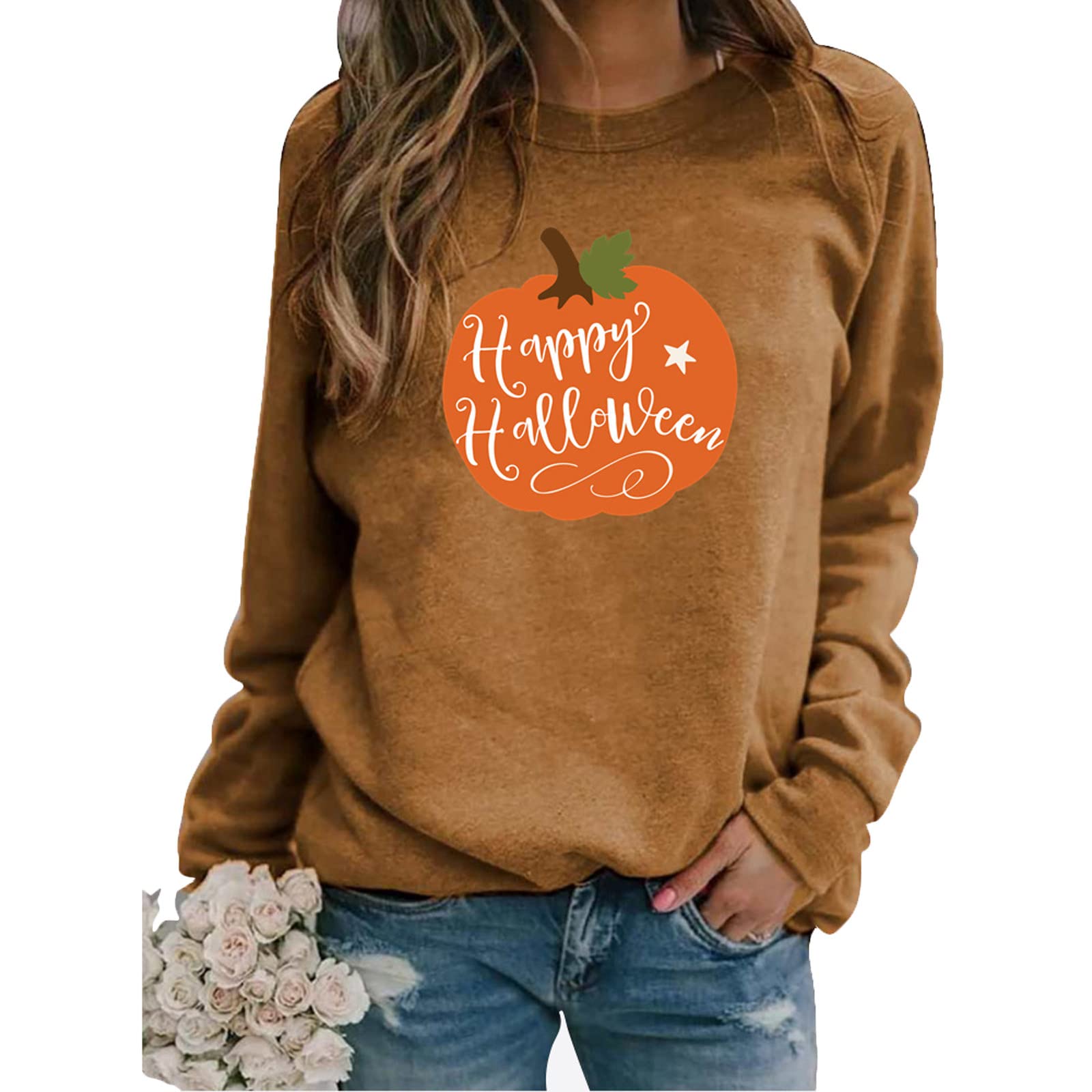HAOREEKZ Women's Halloween Costume Sweatshirt - Loose Fit Round Neck Long Sleeve Printed Top for Halloween Party, Cosplay & Casual Wear