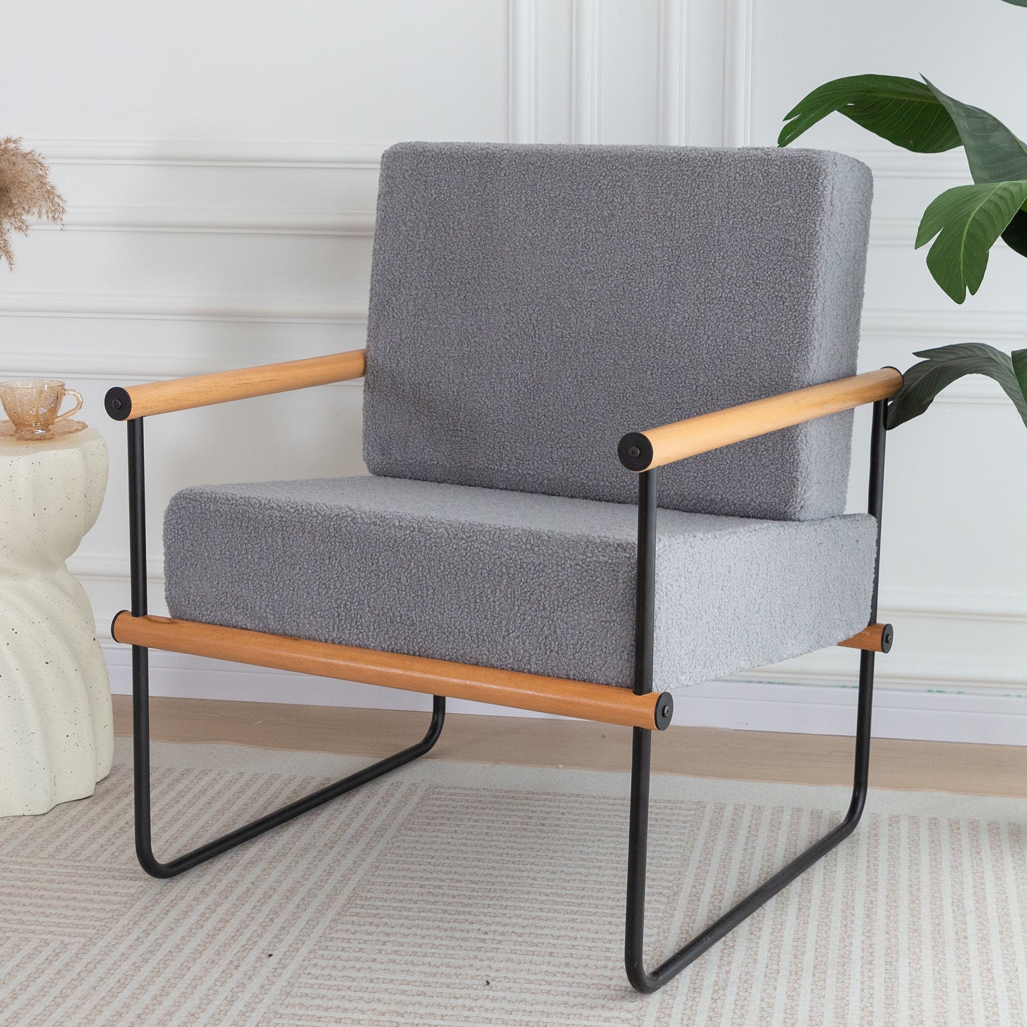 MAXYOYO Grey Upholstered Armchair with Metal & Wood Accents - Thick Cushioned Living Room Chair for Home Office, Lounge & Reading Nook