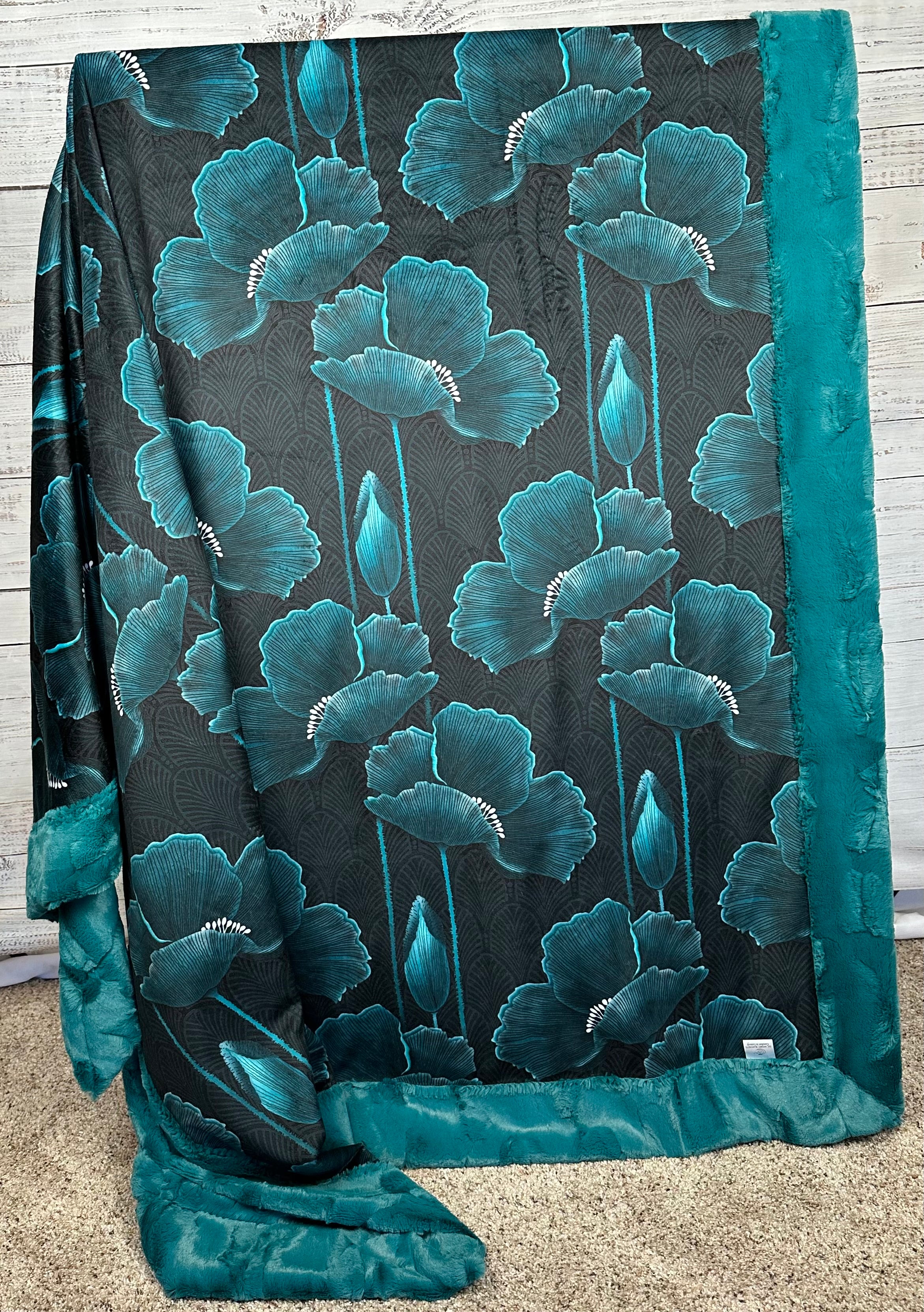 Art Deco Poppies Teal Large Minky Blanket 55x79 - Soft Cozy Throw Blanket for Bed, Couch & Nursery - Perfect for Home Decor, Gift Giving and Cold Weather Comfort