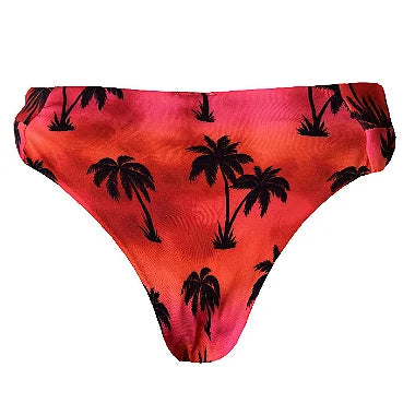 Red Tie Dye Coconut Trees Brazilian Wide Side Bikini Bottom - Tropical Beachwear for Women, Swimwear for Summer Vacation & Pool Party