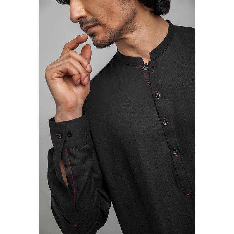 Elegant Black Shalwar Kameez with Mandarin Collar - Traditional Pakistani Outfit for Men - Perfect for Weddings, Festivals & Special Occasions