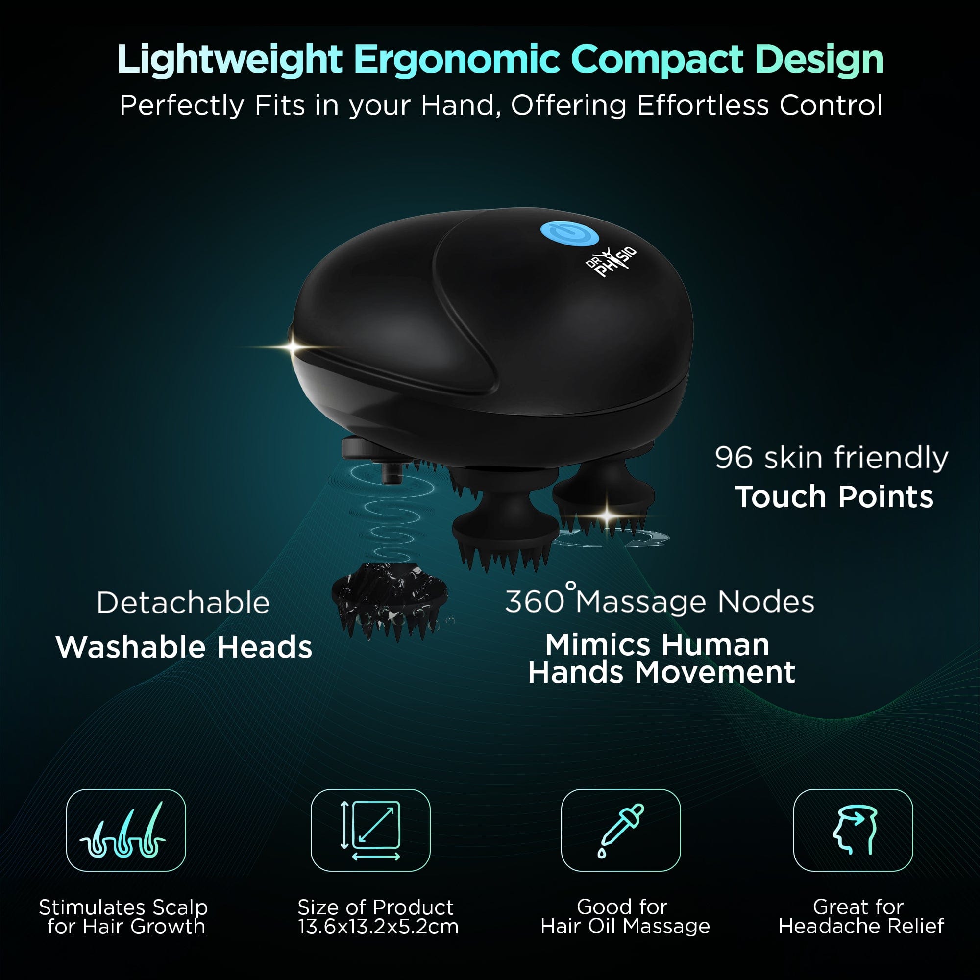 Dr Physio USA Electric Head & Scalp Massager - Rechargeable 4-Head Massager with Kneading Points, 3 Speed Modes for Hair Growth, Stress Relief & Full Body Massage | Portable Deep Clean Scalp Stimulator for Home, Office & Travel Use (Black)