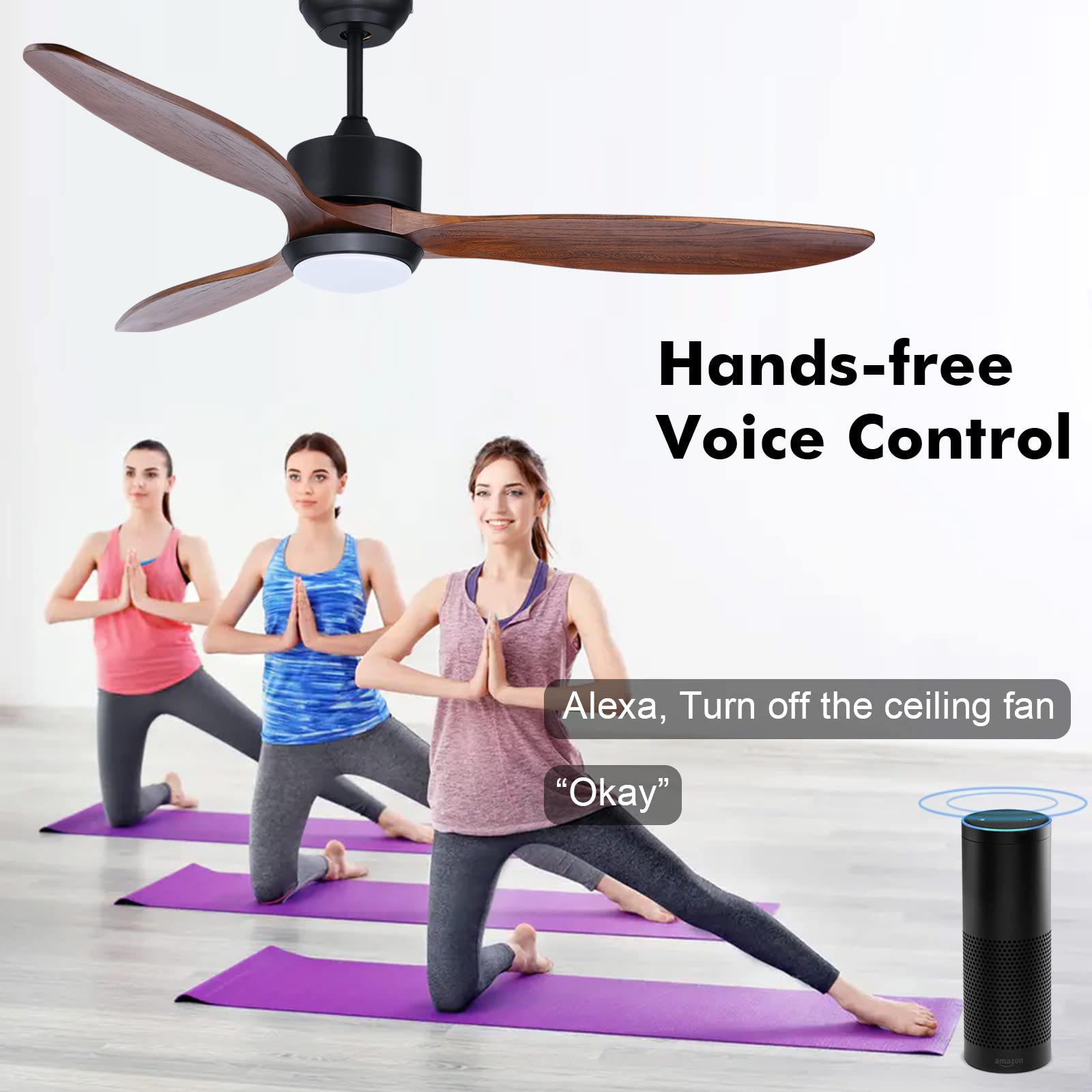 Ovlaim 60 Inch Smart Ceiling Fan with Lights & Remote Control - High CFM Quiet DC Motor, Walnut Wood Blades - Indoor/Outdoor Use for Living Room, Bedroom, Patio & Covered Porch