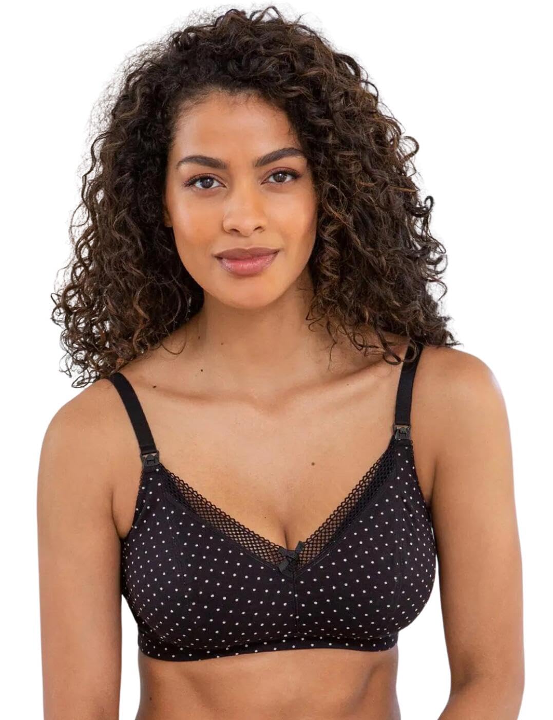 Wire-Free Nursing Bra 34E - Soft Cotton Maternity Bra for Comfortable Breastfeeding - Black & White Spot Print - Perfect for Daily Wear, Lounging & Postpartum Recovery