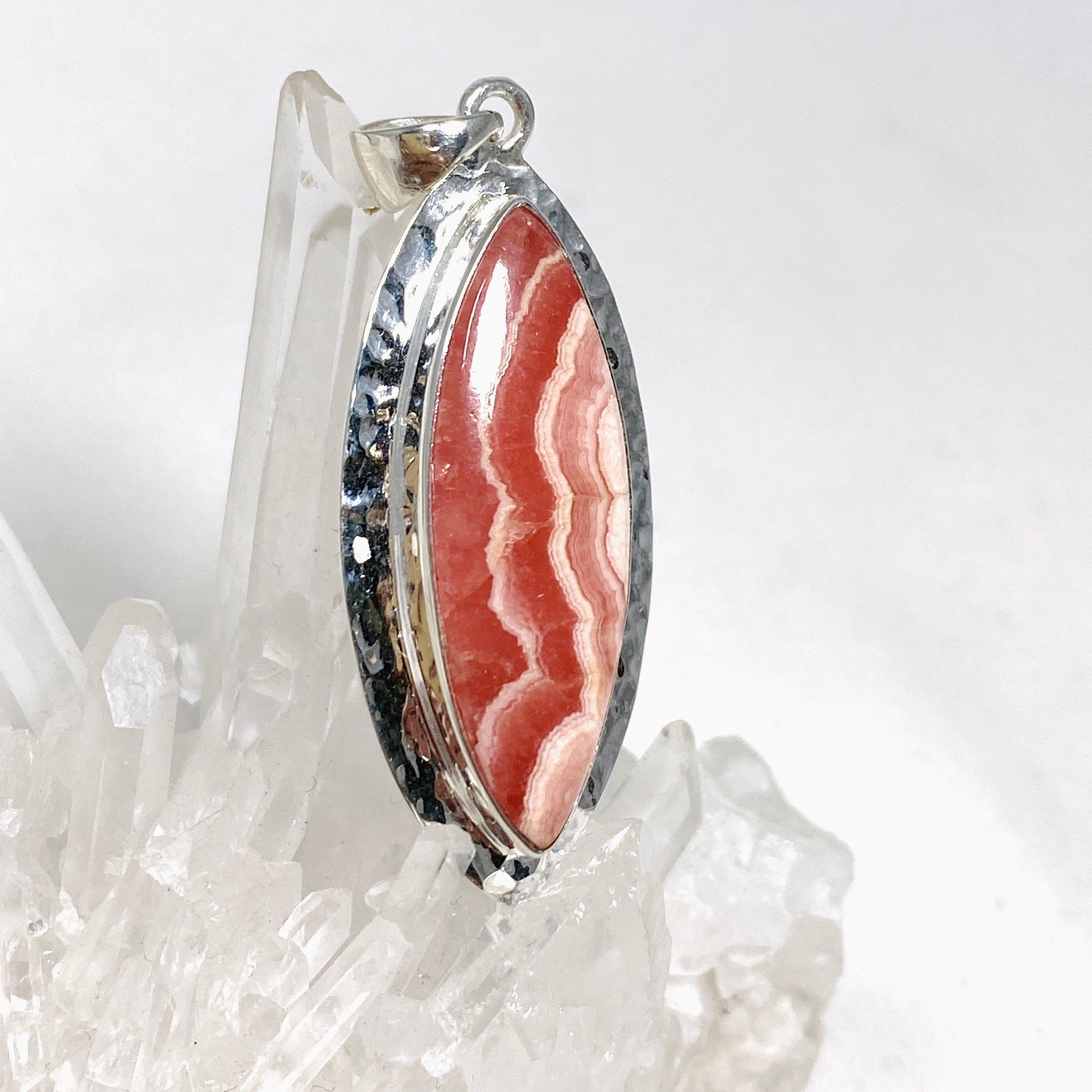 Rhodochrosite Marquise Pendant Necklace - Hammered Sterling Silver Setting KPGJ4331 | Elegant Jewelry Gift for Women, Perfect for Valentine's Day & Anniversary