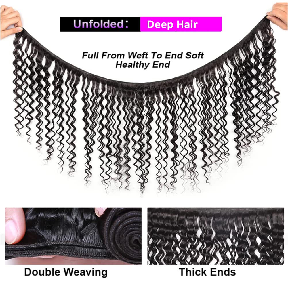 100% Brazilian Human Hair Bundles with Closure - Unprocessed Deep Wave Remy Hair Extensions (4 Bundles + 4x4 Lace Closure) for Natural Wet & Wavy Look - Perfect for Daily Styling, Special Occasions & Protective Hairstyles