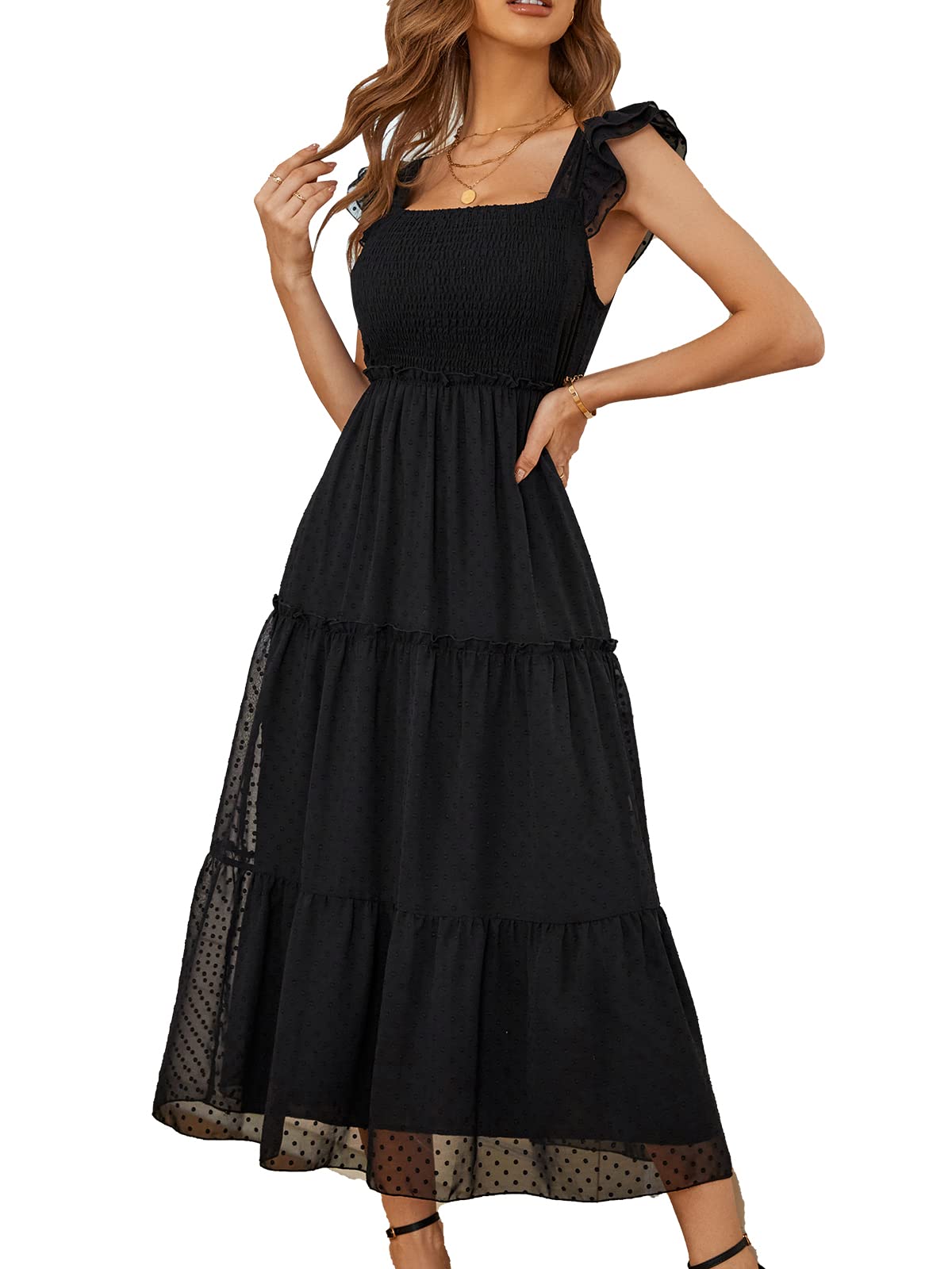 CUPSHE Women's A-Line Flare Slip Dress - Square Neck Short Sleeve Maxi Summer Dress for Beach, Party & Casual Wear | Black