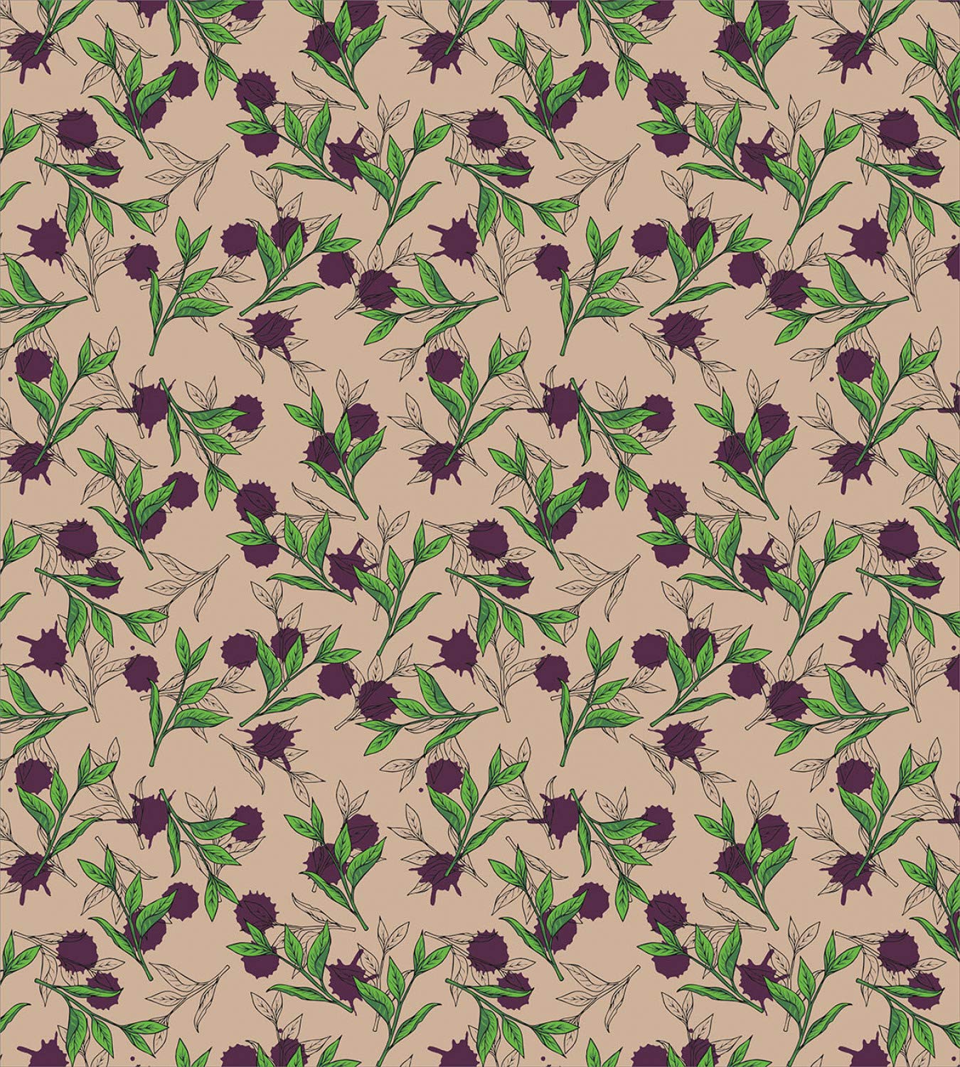 Ambesonne Floral Duvet Cover Set - Natural Tea Leaves with Purple Paint Drops Design, 2-Piece Twin Size Bedding Set with Pillow Sham in Tan Plum & Lime Green | Perfect for Bohemian & Modern Bedroom Decor