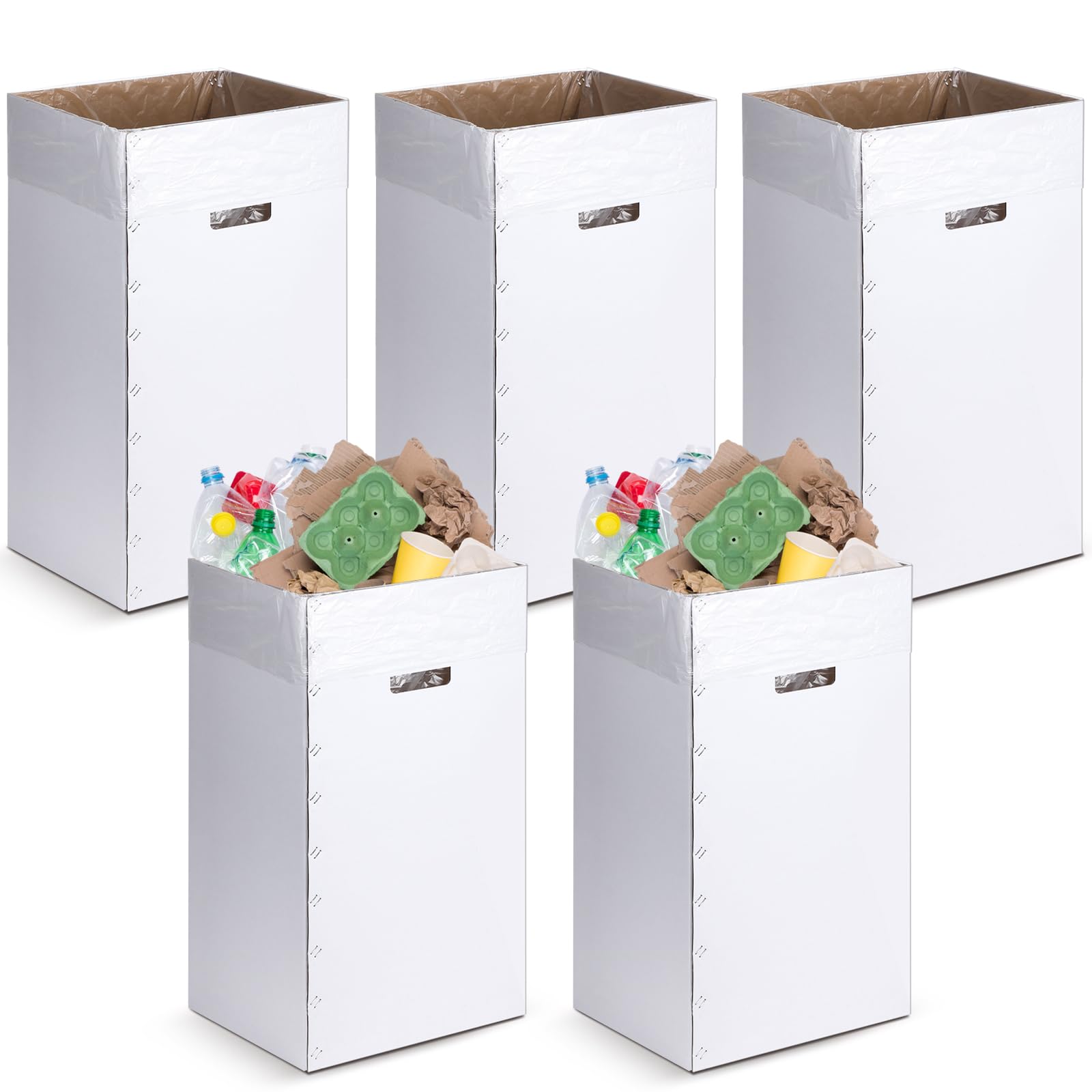 Tioncy 5-Pack 30 Gallon White Corrugated Cardboard Trash Cans - Disposable & Reusable Recycling Bins with 10 Garbage Bags for Parties, Events, Home & Office Waste Management