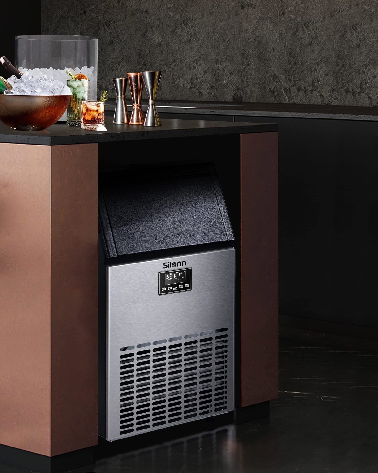 Silonn Commercial Ice Maker Machine - 150lbs/24H Output, 33lbs Storage, Stainless Steel Freestanding with Auto Self-Cleaning - Perfect for Home, Office, Bar, Restaurant, Parties & Outdoor Events (SLIM12T)