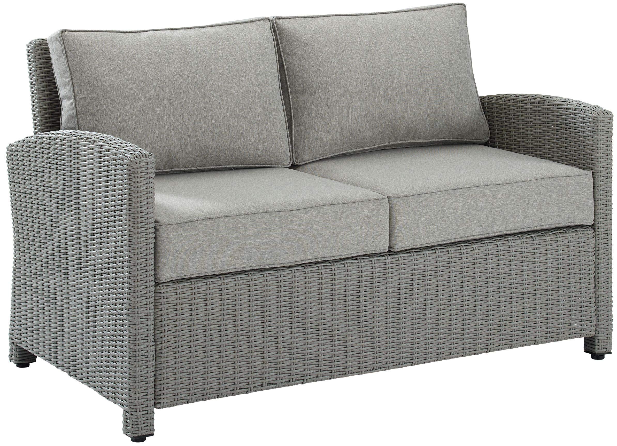 Crosley Bradenton 3-Piece Outdoor Wicker Loveseat Set with Gray Cushions - Patio Furniture Conversation Set for Porch, Garden & Backyard Relaxation
