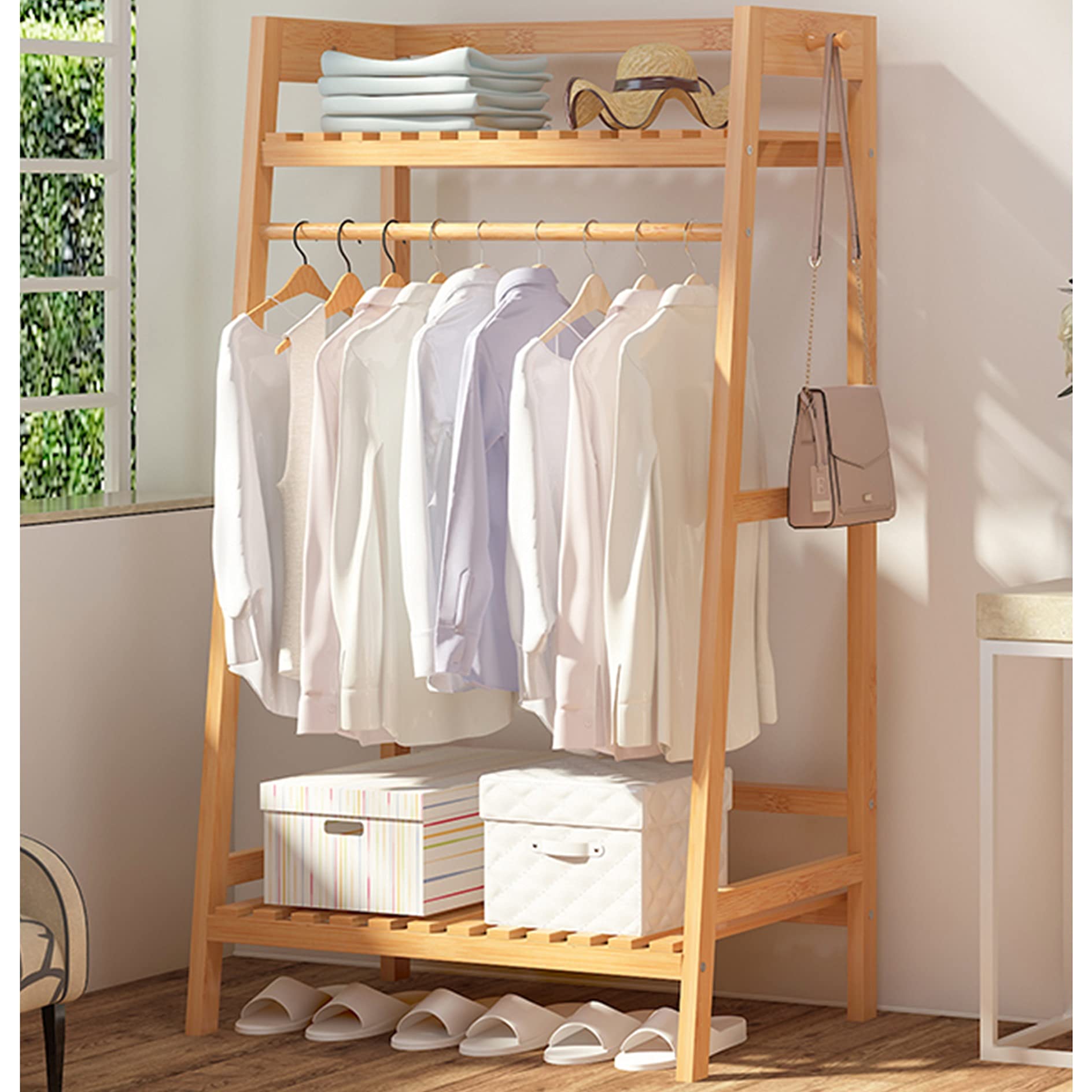 Bamboo Clothes Hanging Rack - Free Standing Wooden Wardrobe Organizer with 2-Tier Storage Shelf for Bedroom, Office & Boutique | Portable Laundry Drying Rack | Space-Saving Closet Solution for Small Apartments & Dorm Rooms
