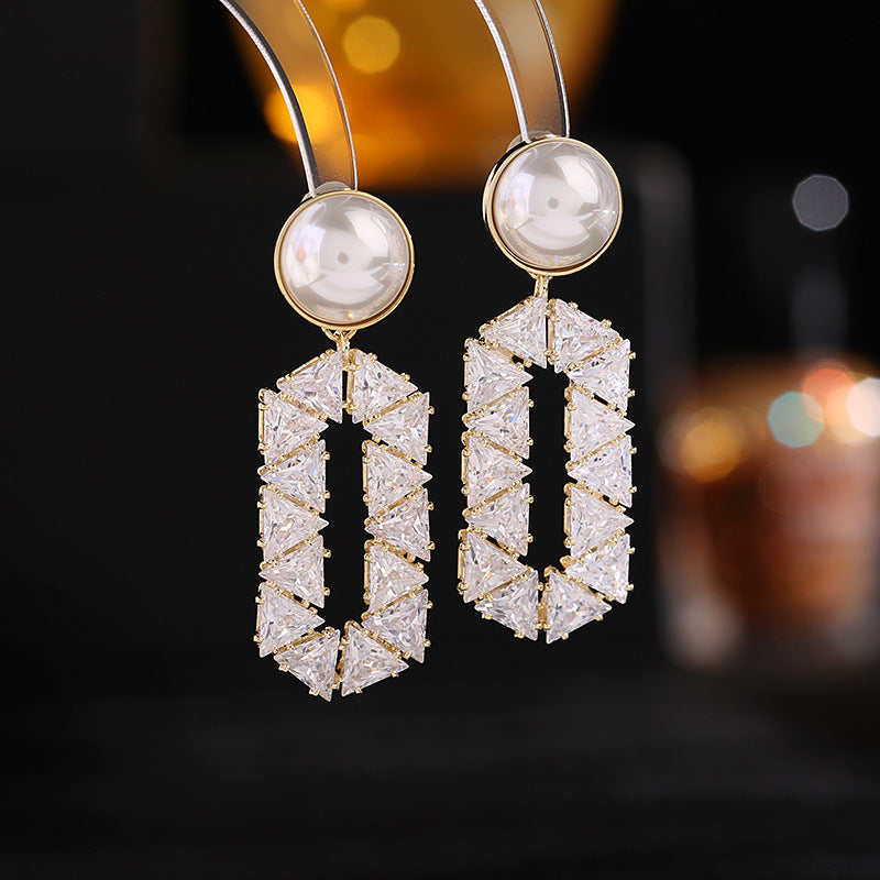 Elegant Geometry Zircon Earrings for Women - Wedding, Party & Birthday Gift - Pearls Dangle Earrings for Bride & Girls - Perfect for Prom, Anniversary & Special Occasions