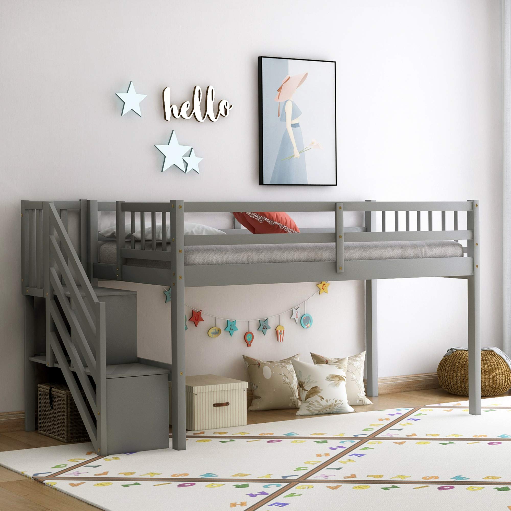 Low Loft Bed with Staircase - Space-Saving Twin Size Bed Frame for Kids & Teens - Perfect for Small Bedrooms, Dorm Rooms & Studio Apartments