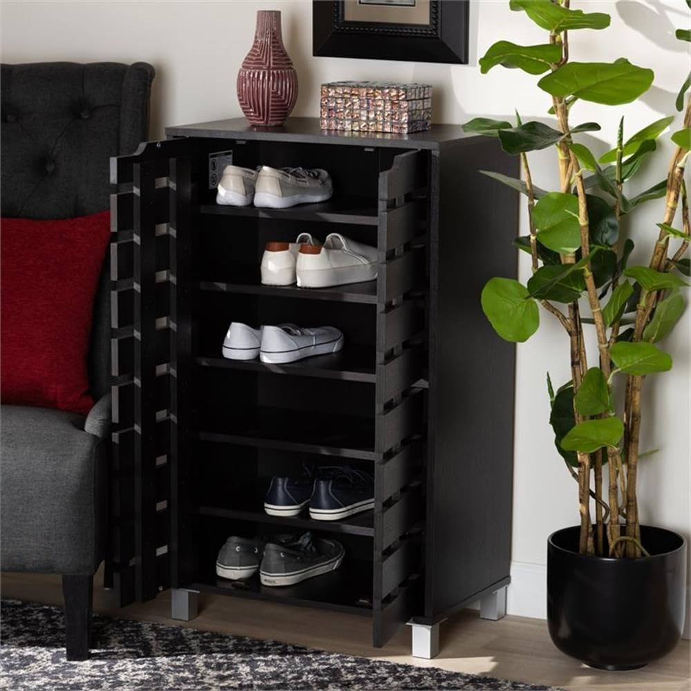 BOWERY HILL Modern Dark Brown Wooden 2-Door Shoe Cabinet - Contemporary Shoe Storage Organizer for Entryway, Closet & Bedroom Organization