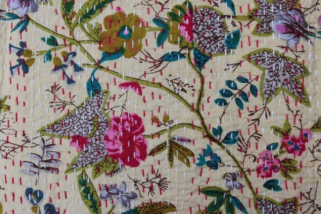 Bohemian Floral Print Kantha Quilt Queen Size - 90x108 Inch Handmade Cotton Bedspread, Lightweight Blanket & Bed Cover for Boho Chic Bedroom Decor | Perfect for Cozy Nights, Guest Rooms & Bohemian Home Styling