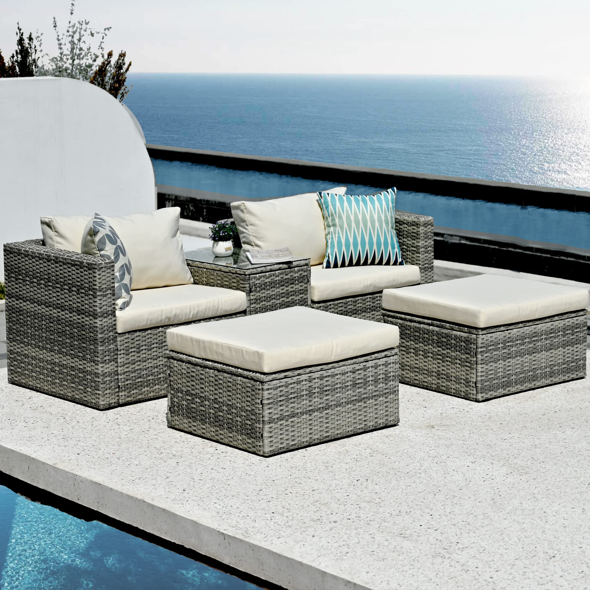 5-Piece Outdoor Patio Furniture Set - All-Weather Wicker Sectional Sofa with Washable Cushions & Glass Table - Beige - Perfect for Backyard, Garden, Poolside & Deck Relaxation