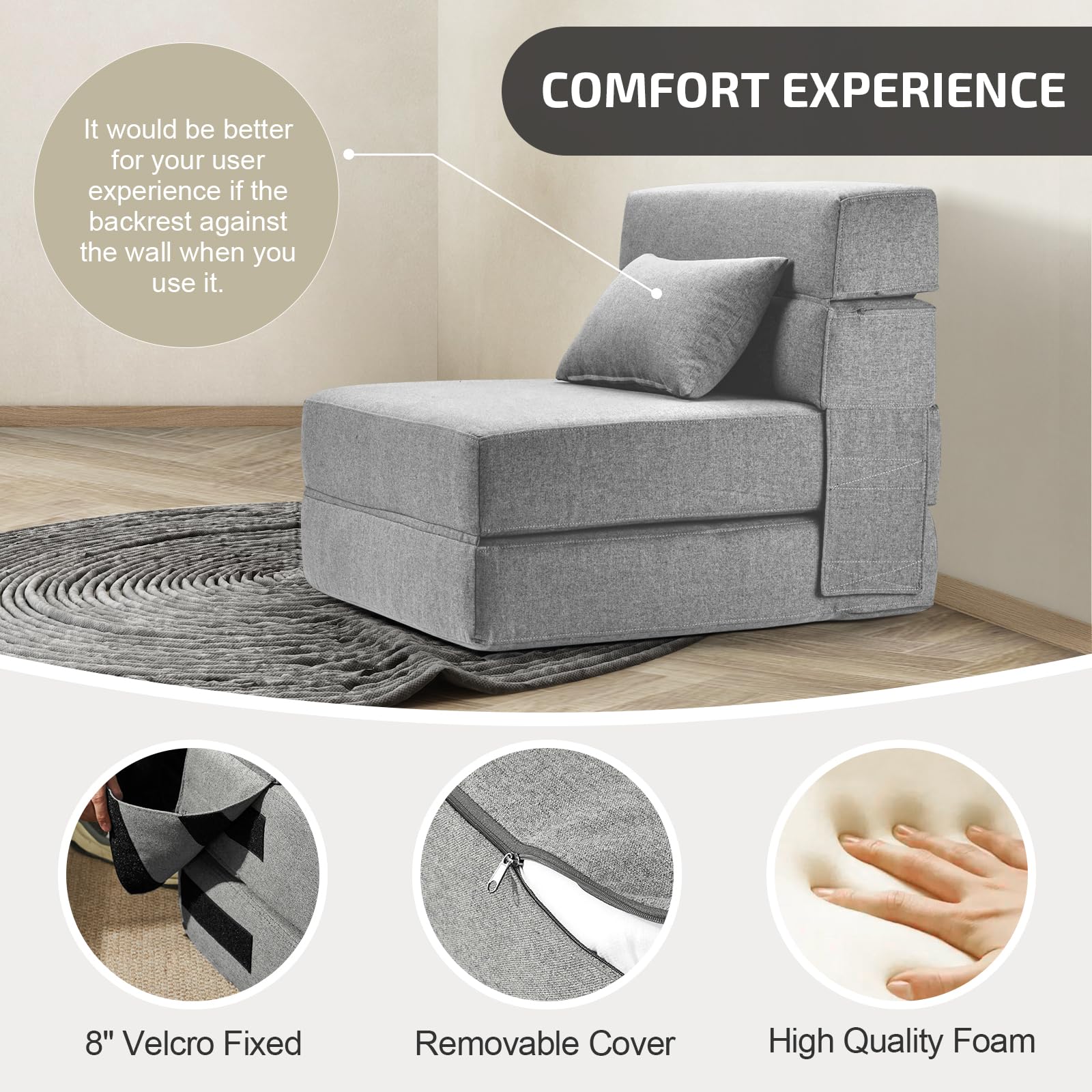 Convertible Folding Sofa Bed with Memory Foam Mattress & Pillow - Multi-Functional Sleeper Chair for Living Room, Dorm, Guest Room, Home Office - Light Gray - Perfect for Small Spaces, Overnight Guests & Studio Apartments