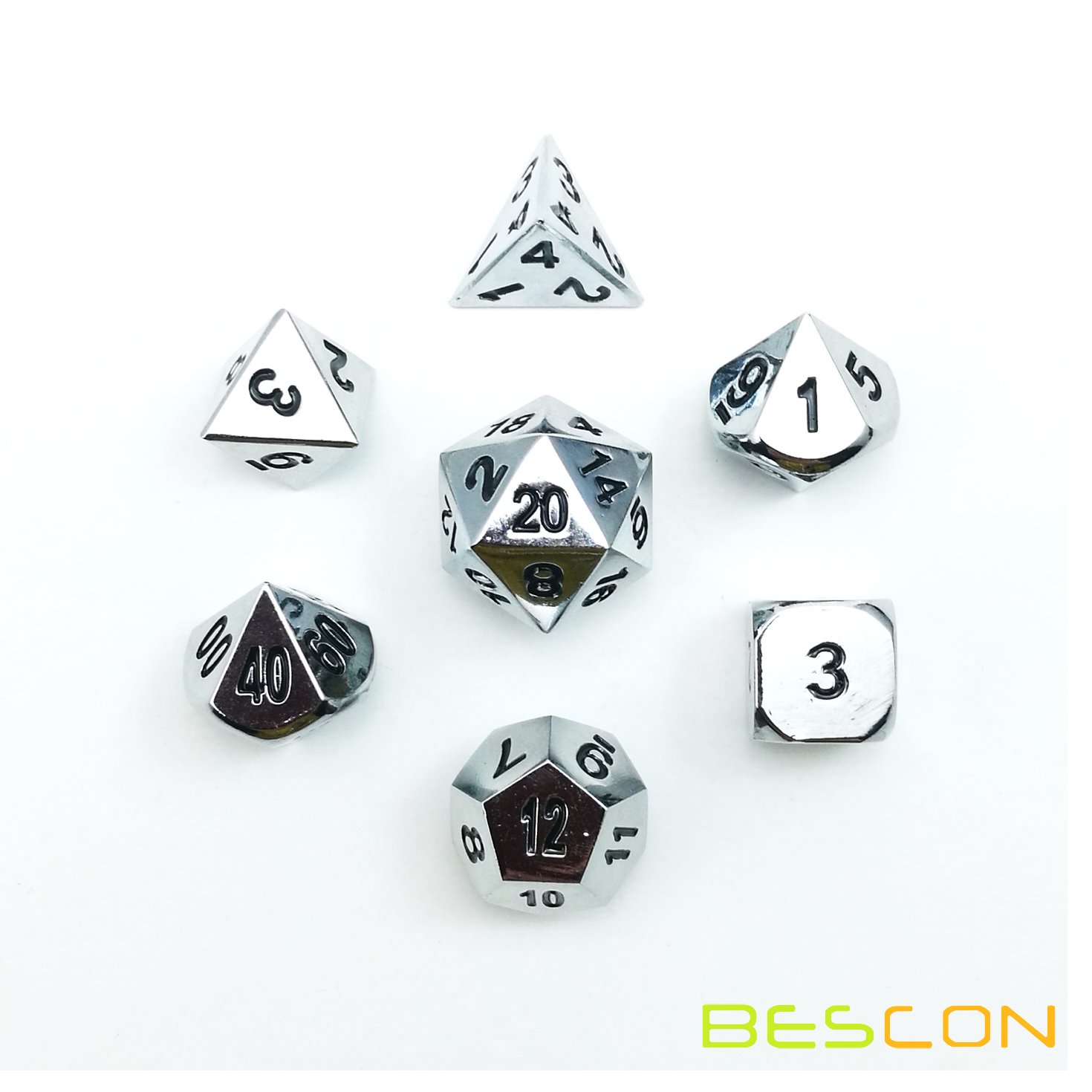 Bescon Super Shiny Gloss Silver Metal 7-Piece Polyhedral Dice Set - Chrome RPG Game Dice for Dungeons & Dragons, Pathfinder, and Tabletop Roleplaying Games