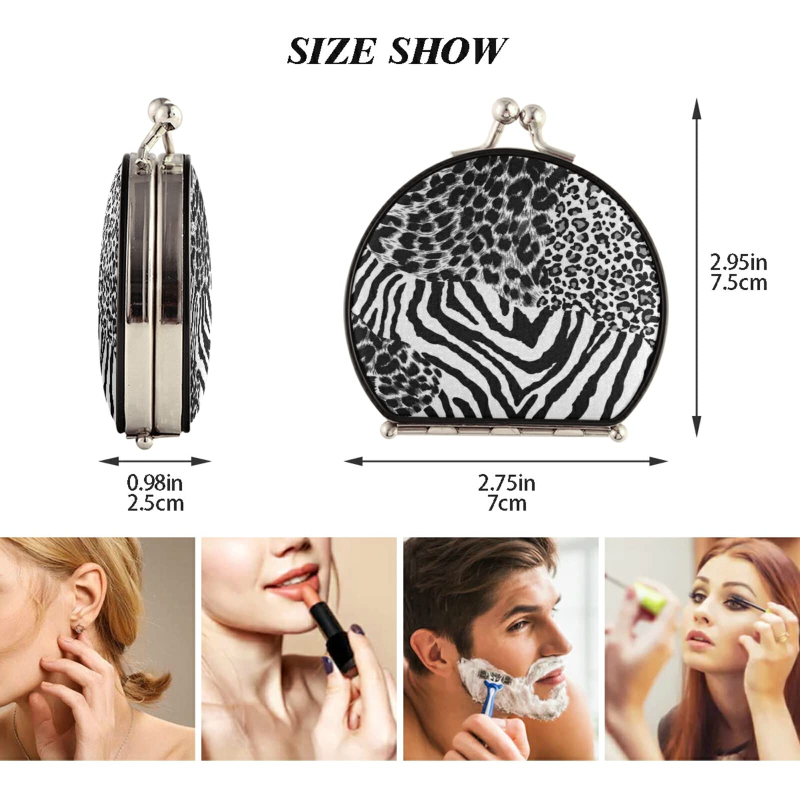 Black White Tiger Print Zebra Skin Leopard Texture Animal Skin Compact Makeup Mirror - Twin-Sided Cosmetic Mirror with 1x & 2x Magnification - Buckle Folding Mini Pocket Portable Hand Mirror for Travel, Purse & Vanity Use