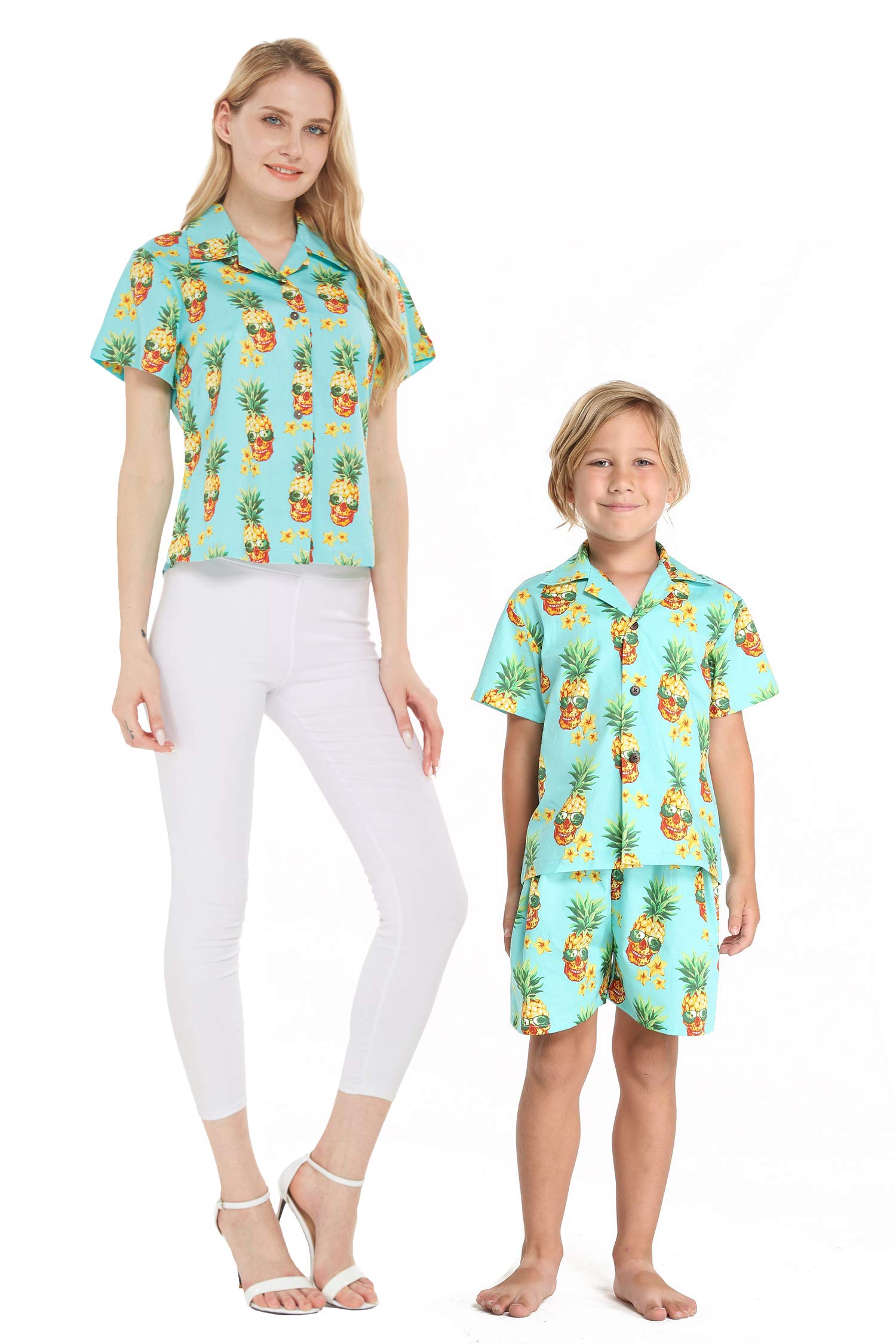Hawaiian Luau Matching Mother & Son Aloha Shirts & Shorts Set - Tropical Family Outfits for Beach Vacation, Summer Party, and Luau Theme Events