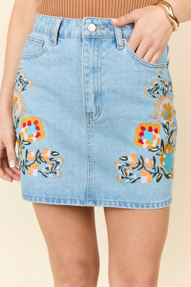Garden Of Grace Floral Embroidered Denim Skirt for Women - Vintage High Waist A-Line Denim Skirt with Floral Embroidery | Perfect for Spring, Summer, Boho Outfits & Casual Wear