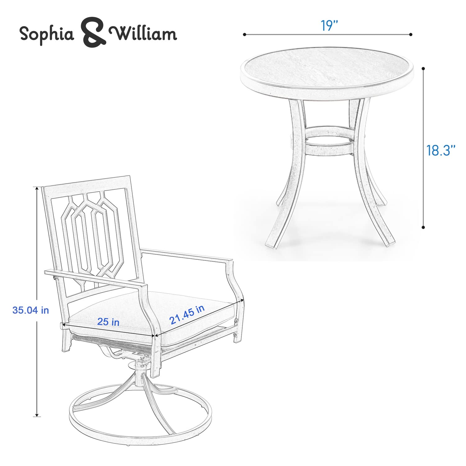 Sophia & William 3-Piece Patio Bistro Set - 2 Swivel Metal Chairs & Round Side Table - Outdoor Furniture for Balcony, Garden, Backyard, Deck - Perfect for Coffee, Dining, Relaxing