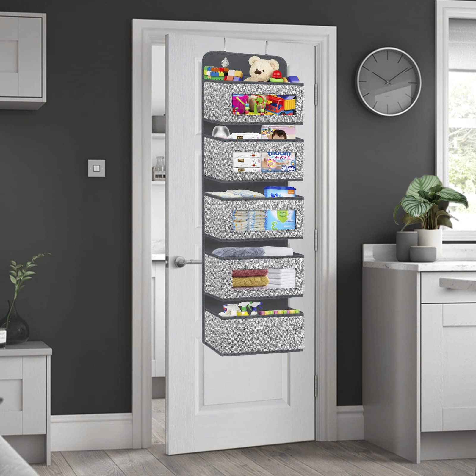 Homyfort Over the Door Hanging Organizer - 5 Large Pockets Wall Mount Storage with Clear Windows & 2 Reinforced Metal Hooks - Perfect for Pantry Organization, Nursery Storage, Bathroom Essentials, Kitchen Supplies, Closet Organization & Dorm Room Storage