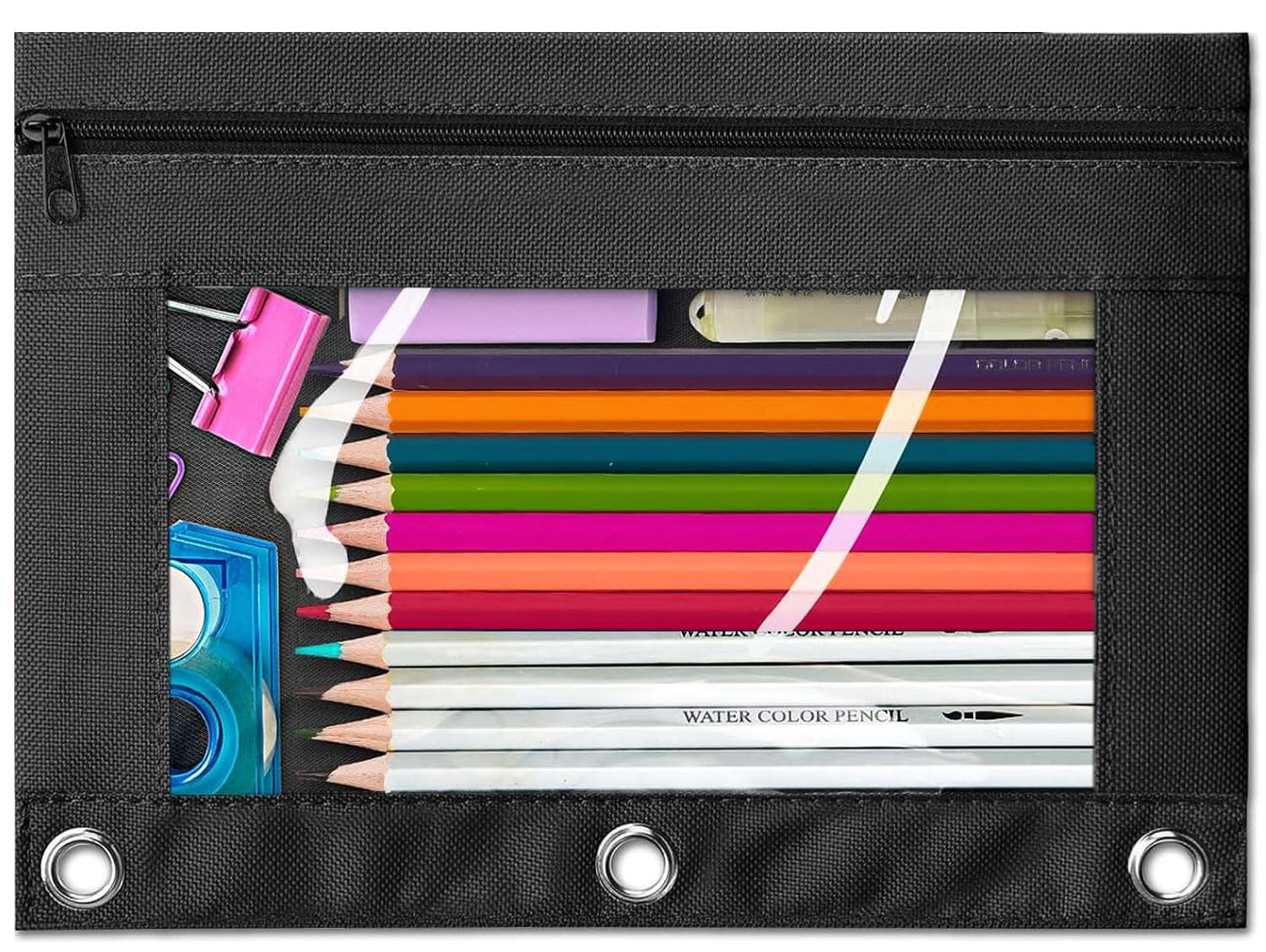 Zipper Pencil Case with Clear Window - 3 Hole Binder Pouch for Office Supplies, School Stationery & Art Tools (Pack of 12) - Perfect for Organizing Pens, Markers & Small Accessories in Binders, Backpacks & Work Desks
