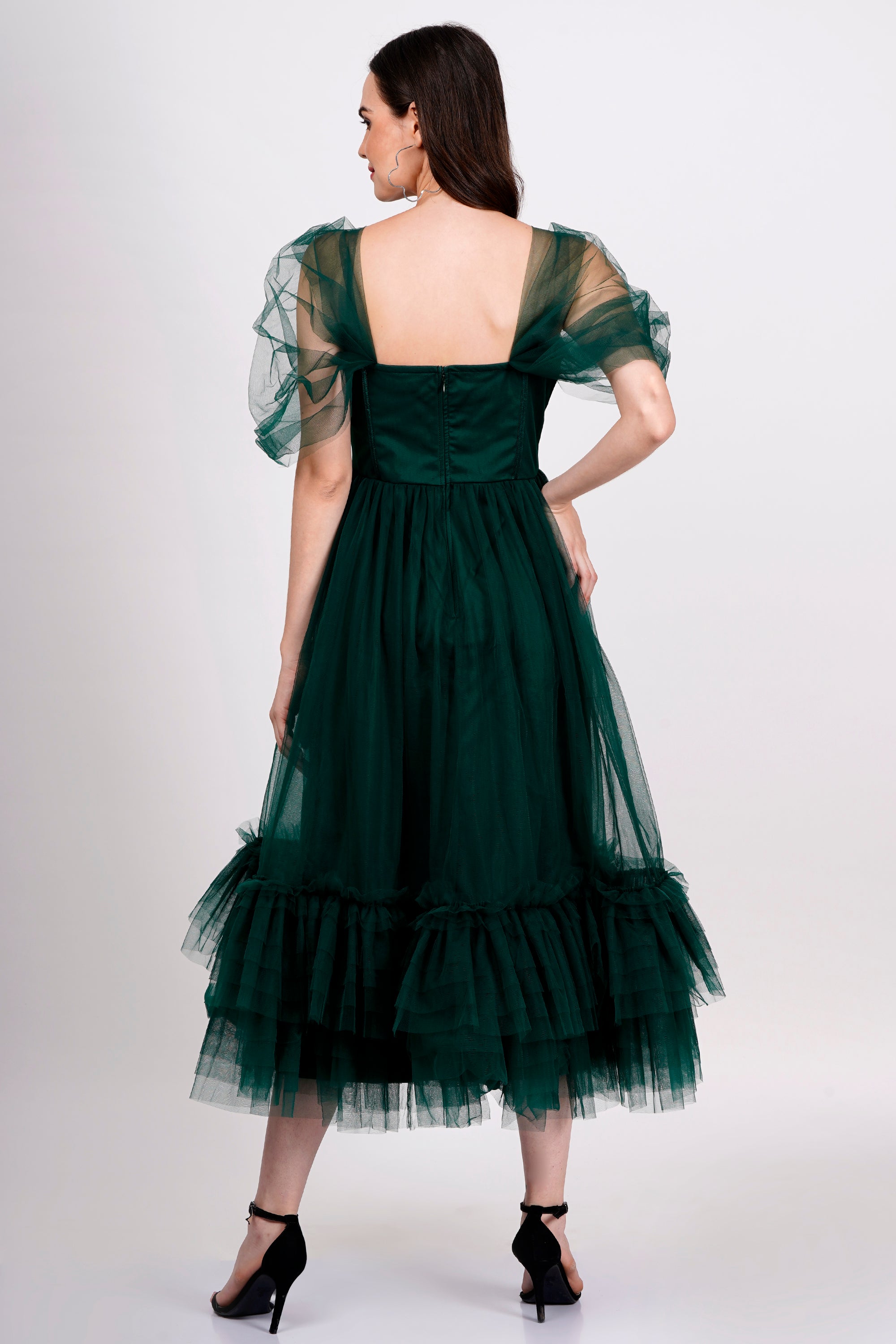 Jayne Emerald Green Tulle Midi Dress for Women - Elegant Party & Wedding Guest Dress - Perfect for Cocktail Parties, Bridesmaid, Prom & Special Occasions