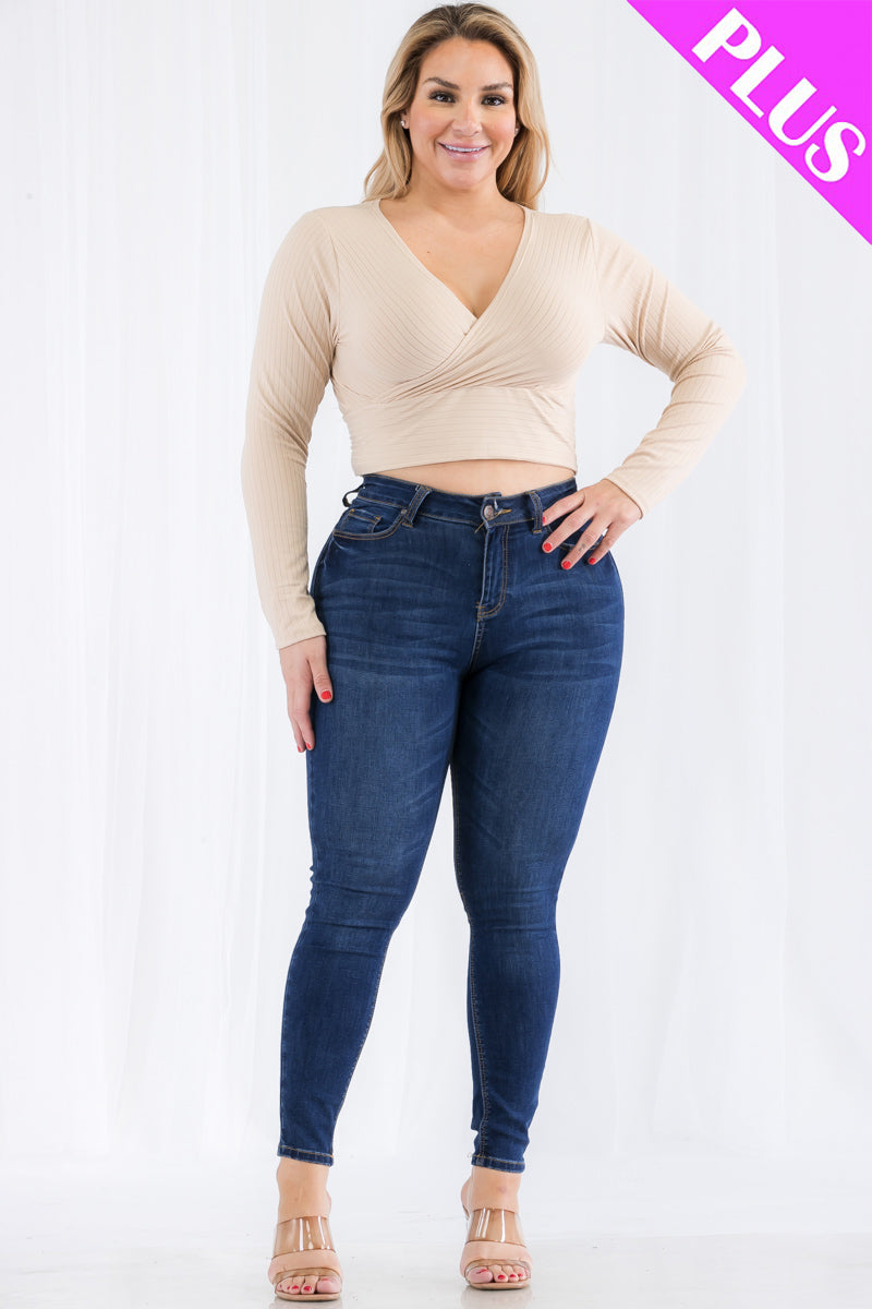 Plus Size Ribbed Wrap Front Long Sleeve T-Shirt for Women | Stretchy Comfort Fit Tops | Casual & Office Wear | Fall & Winter Fashion