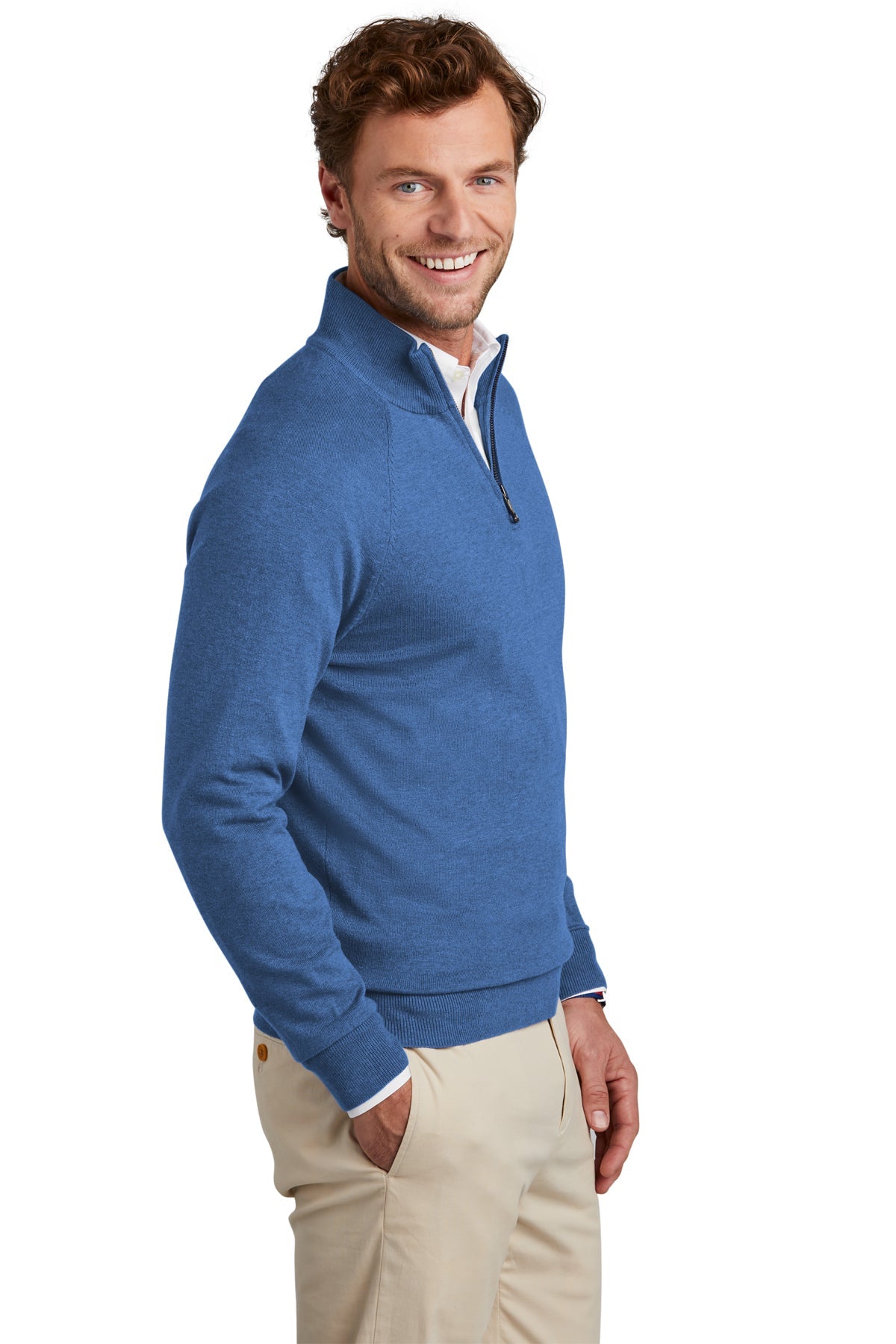 Brooks Brothers Men's Cotton Stretch 1/4 Zip Sweater - Charter Blue Heather | Comfortable Casual Pullover for Office & Outdoor Activities