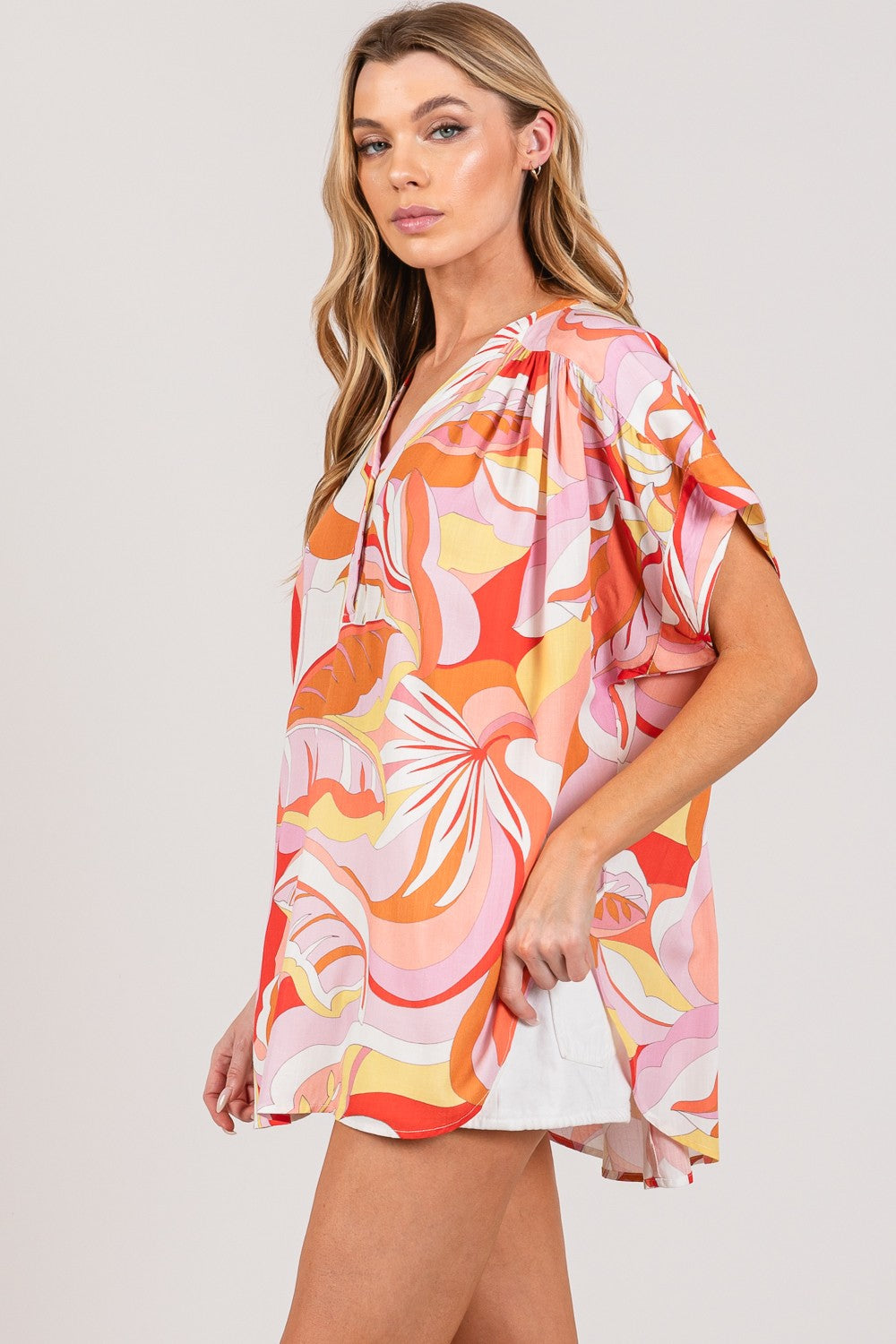 Abstract Print Half Button Blouse by SAGE + FIG | Floral Pattern Women's Tops for Work & Casual Wear | Perfect for Office, Date Night & Spring Outfits
