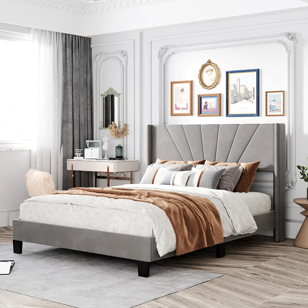 XC Queen Size Velvet Upholstered Platform Bed with Headboard - No Box Spring Needed in Gray, Blue, Beige | Modern Bedroom Furniture for Master Suite, Guest Room & Apartment