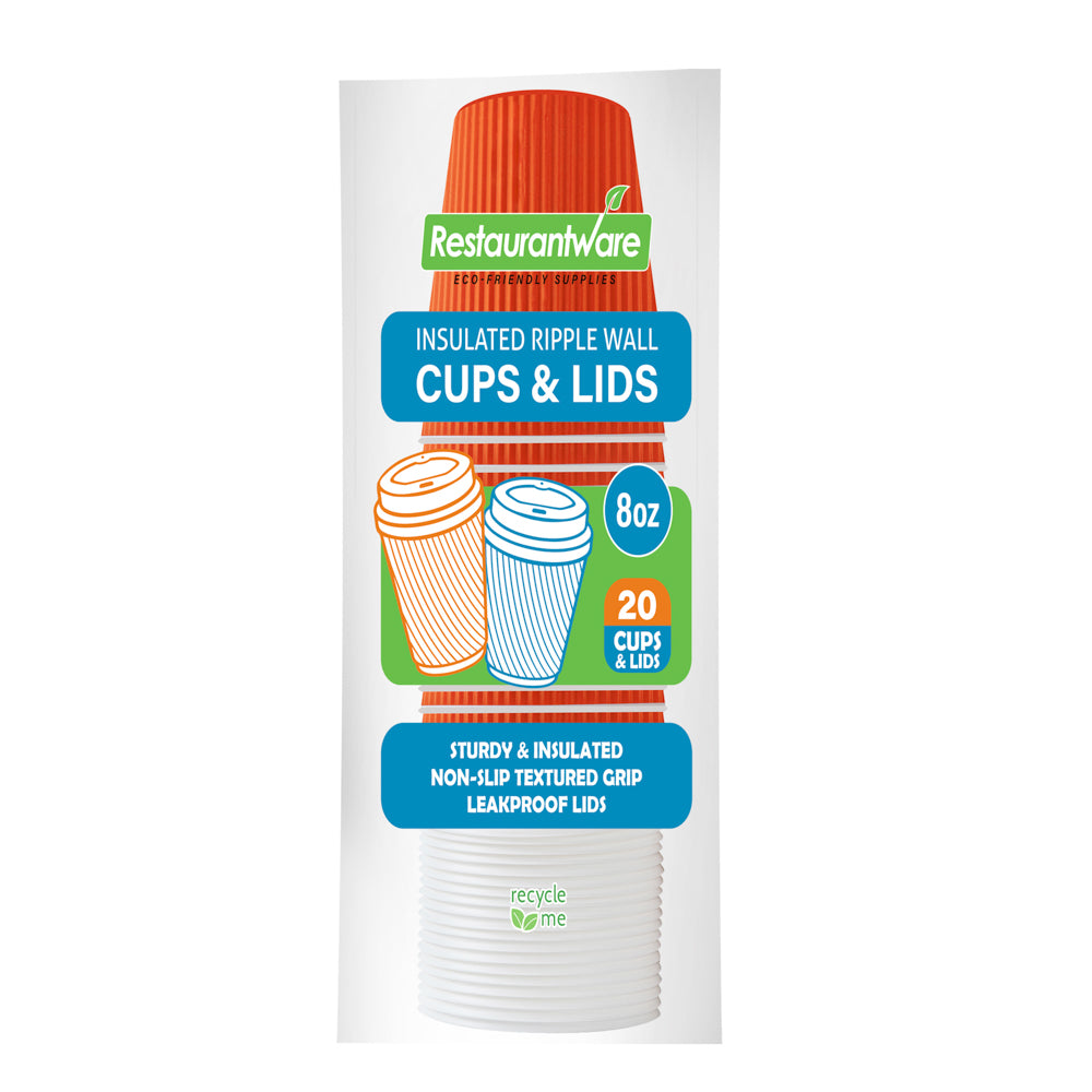 8 oz Tangerine Orange Ripple Wall Paper Coffee Cups with White Lids - 3.5