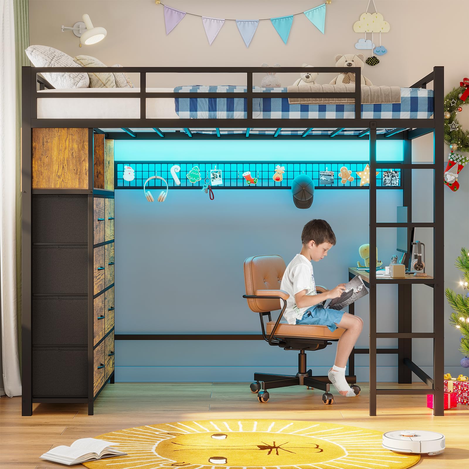 ADORNEVE Twin Size Loft Bed with Desk & 8 Storage Drawers - Metal Bunk Bed with LED Lights, USB Charging Station & Shelves - 13.1