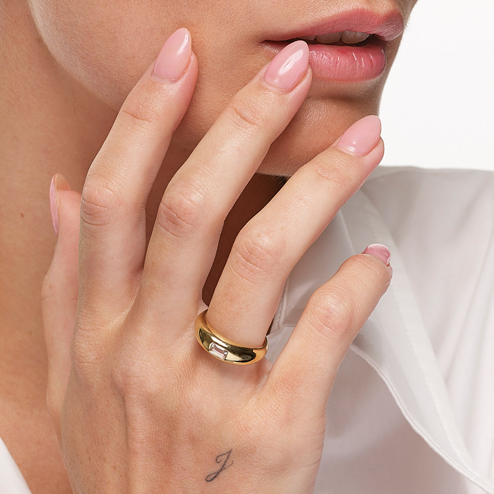 14K Gold White Topaz Baguette Curve Pinky Ring for Women - Elegant Stackable Minimalist Ring for Everyday Wear, Gift for Her, Anniversary or Birthday Present