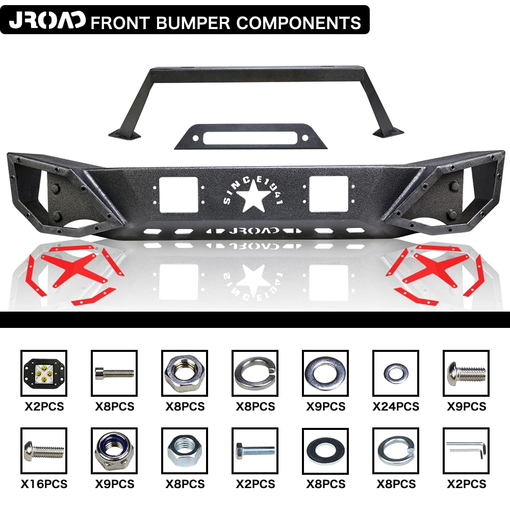 Stubby Front Bumper for Jeep Wrangler JK 2007-2018 (2/4 Door & Unlimited) with 2 LED Fog Lights & Winch Plate - Heavy Duty Steel, Textured Powder Coat - Perfect for Off-Roading & Trail Adventures