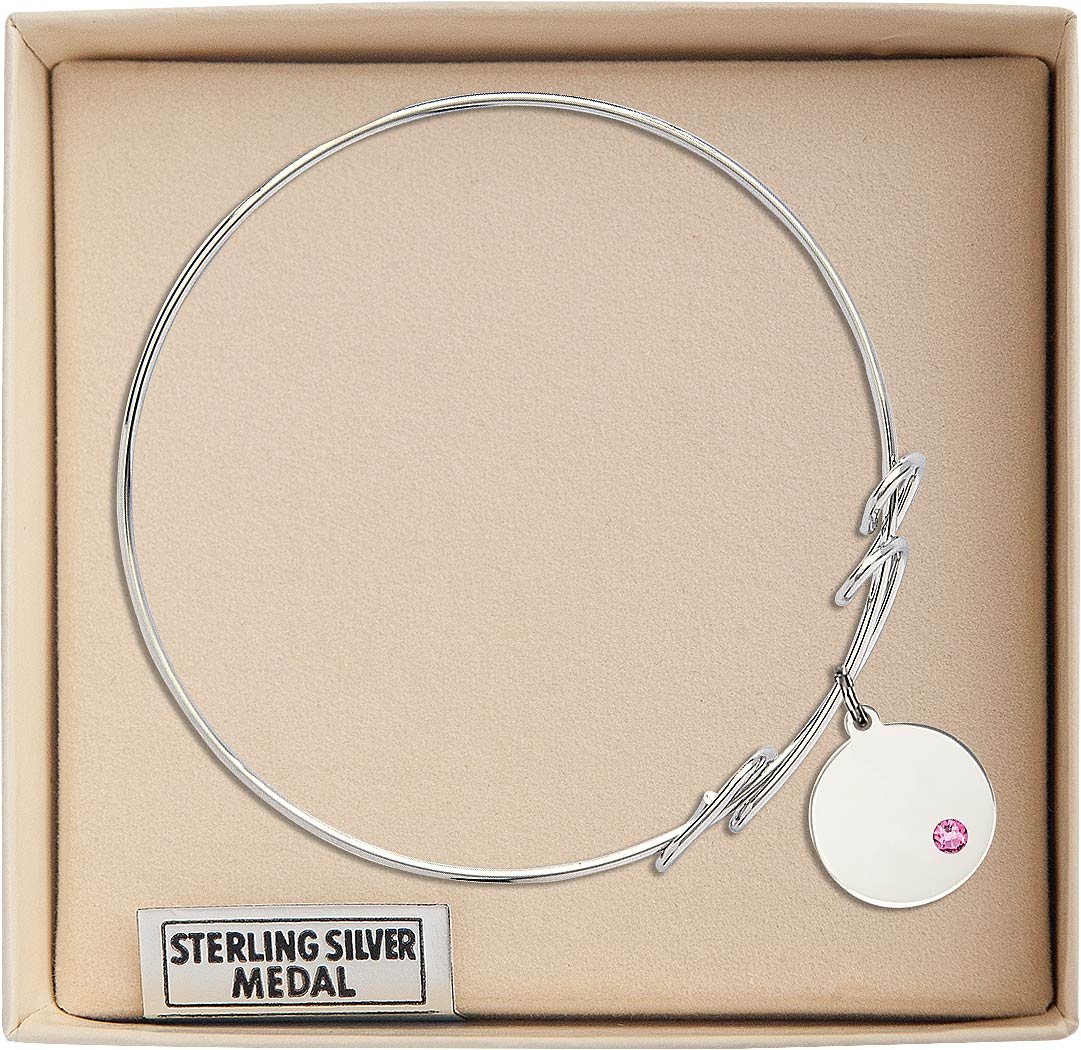 8 Inch Round Double Loop Bangle Bracelet with Plain Disc Charm & Rose Crystal - Elegant Jewelry for Women, Perfect for Parties, Weddings & Daily Wear
