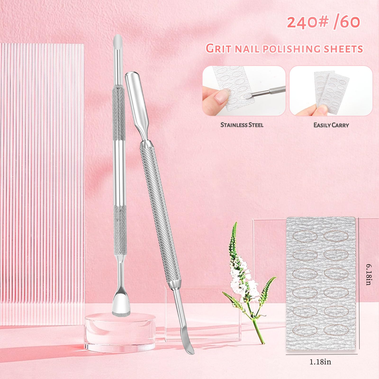 2PCS Cuticle Pusher & 60 Nail Sanding Buffers - Professional Nail Care Kit with Cuticle Tool, Nail Cleaner, Toenail Scraper & Replaceable Sandpaper - Perfect for Manicure, Pedicure & At-Home Nail Care