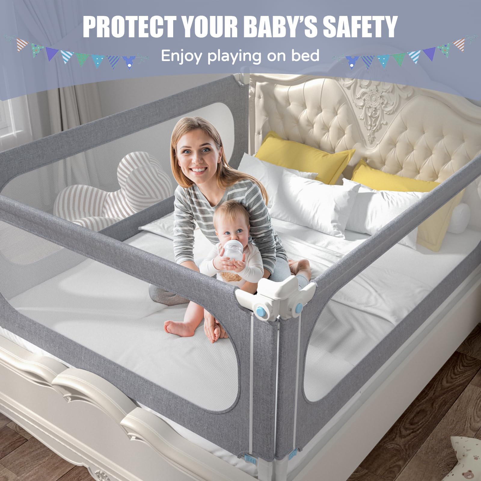 **Upgraded Adjustable Height Toddler Bed Rail Guard - Safety Bedside Rail for Twin/Full/Queen/King Size Beds (74