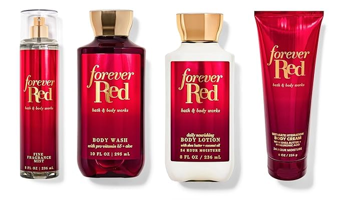 Forever Red Fragrance Mist, Body Wash, Cream & Lotion Set | Vanilla & Amber Scented Body Care Collection for Women | Perfect for Valentine's Day Gifts & Romantic Evenings