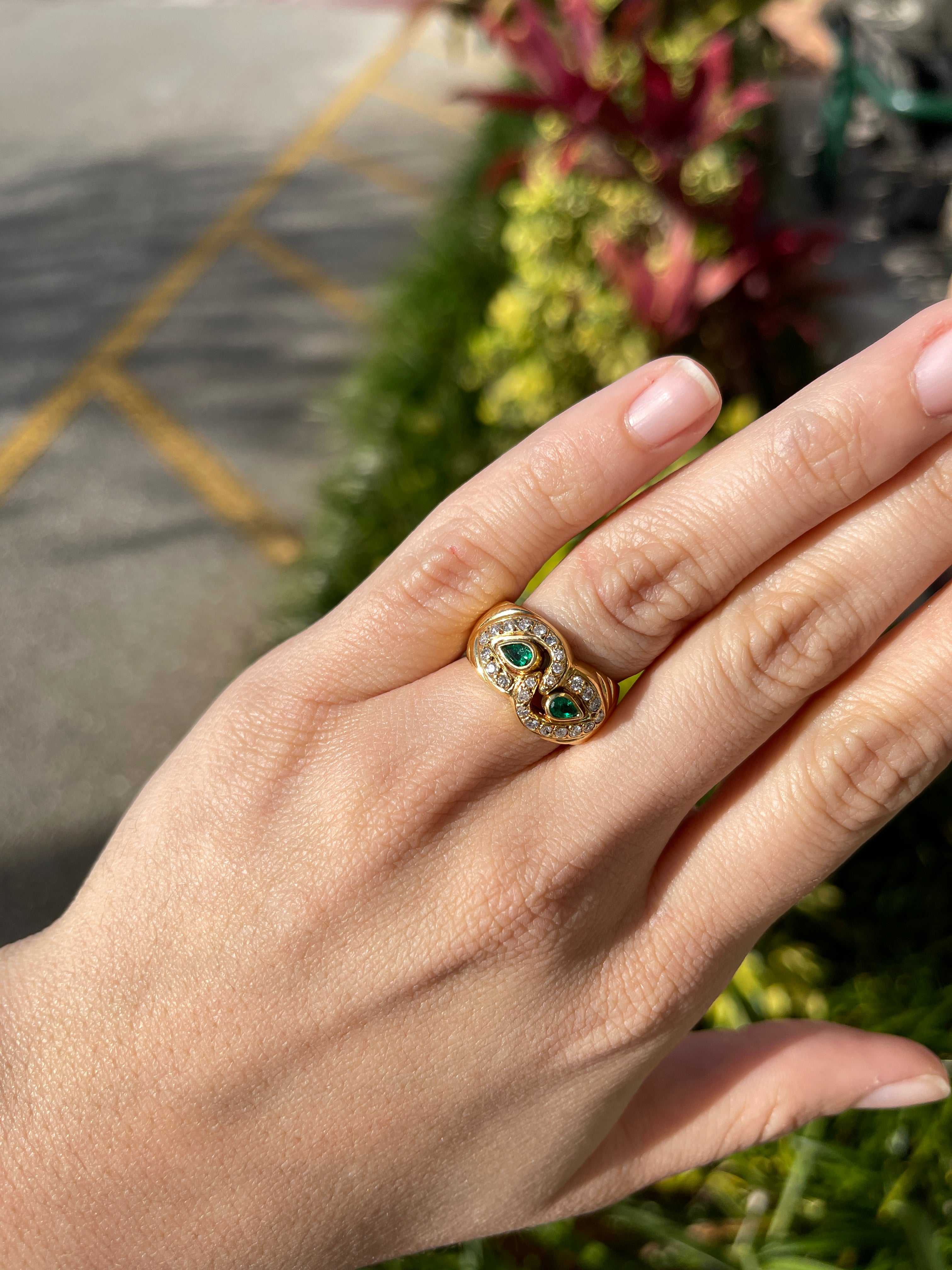 18K Gold Double Pear Colombian Emerald & Diamond Wide Band Ring - 0.70tcw Organic Emerald Wedding Ring for Women, Anniversary Gift, Bridal Jewelry (Perfect for Engagement, Proposal & Special Occasions)