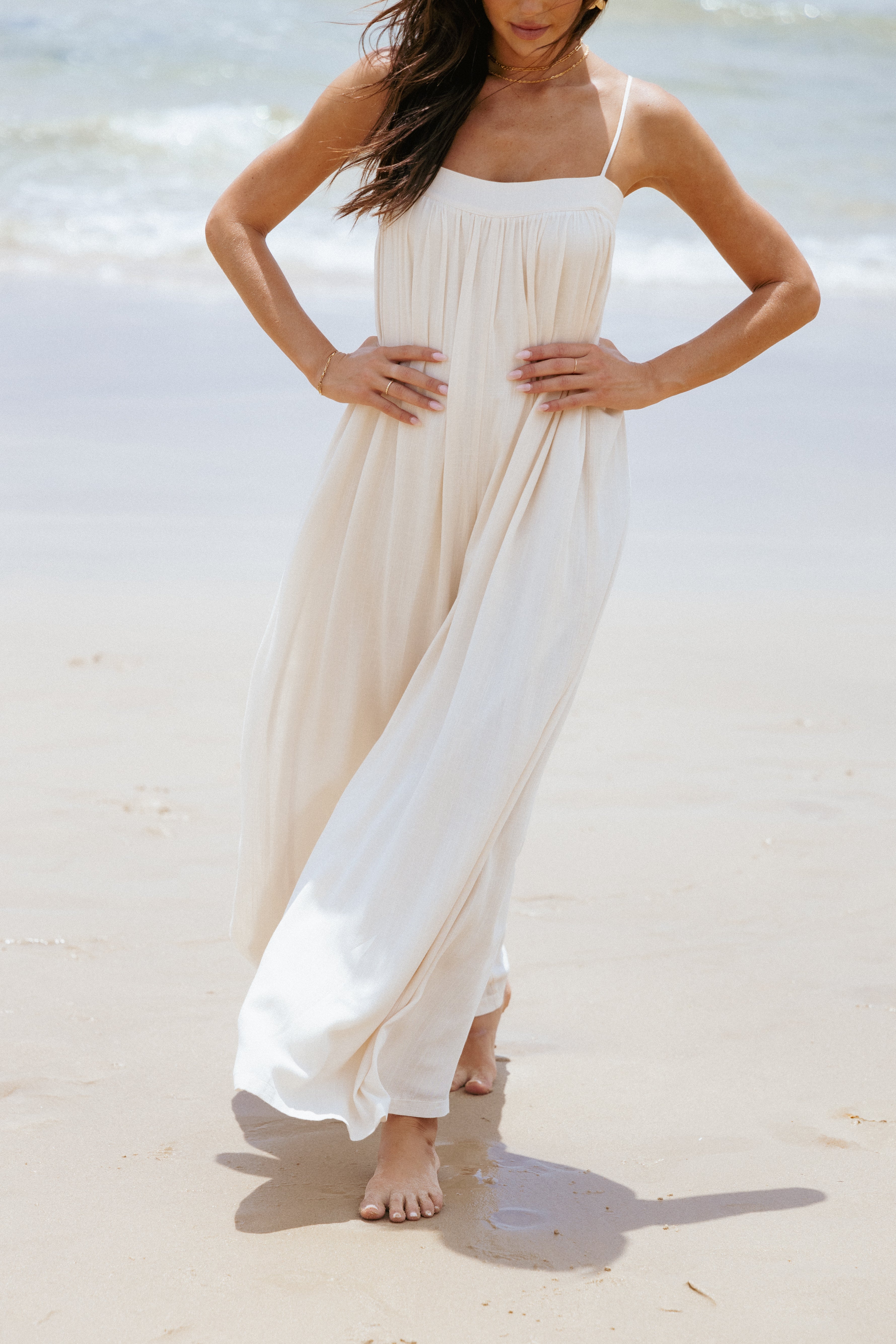 Abegail Flowy Jumpsuit for Women - Cream Loose Fit Romper with Pockets | Perfect for Summer, Beach Vacation & Casual Outings