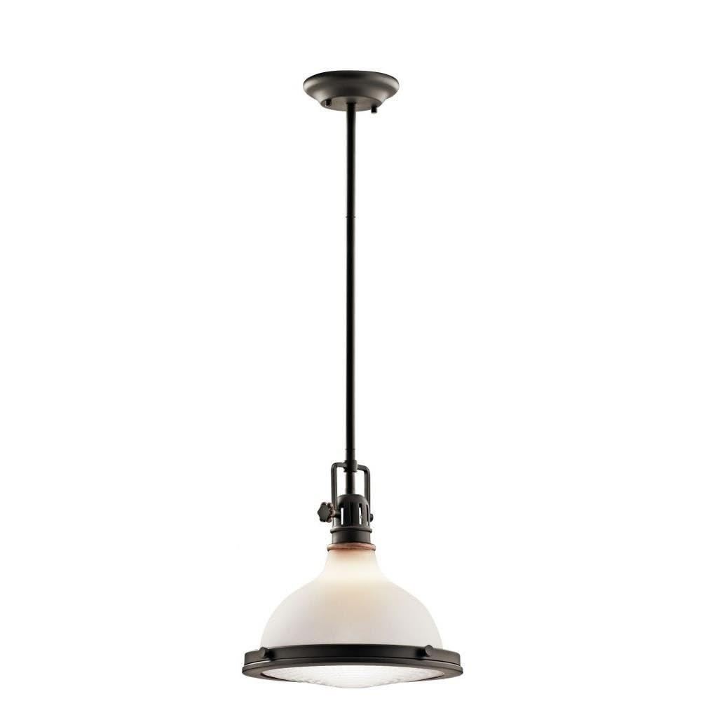 Vintage Farmhouse Pendant Light - Large 1-Light Fixture with Etched Fresnel Lens Glass & Painted White Interior in Olde Bronze Finish | Perfect for Kitchen Island, Dining Room, or Entryway Lighting