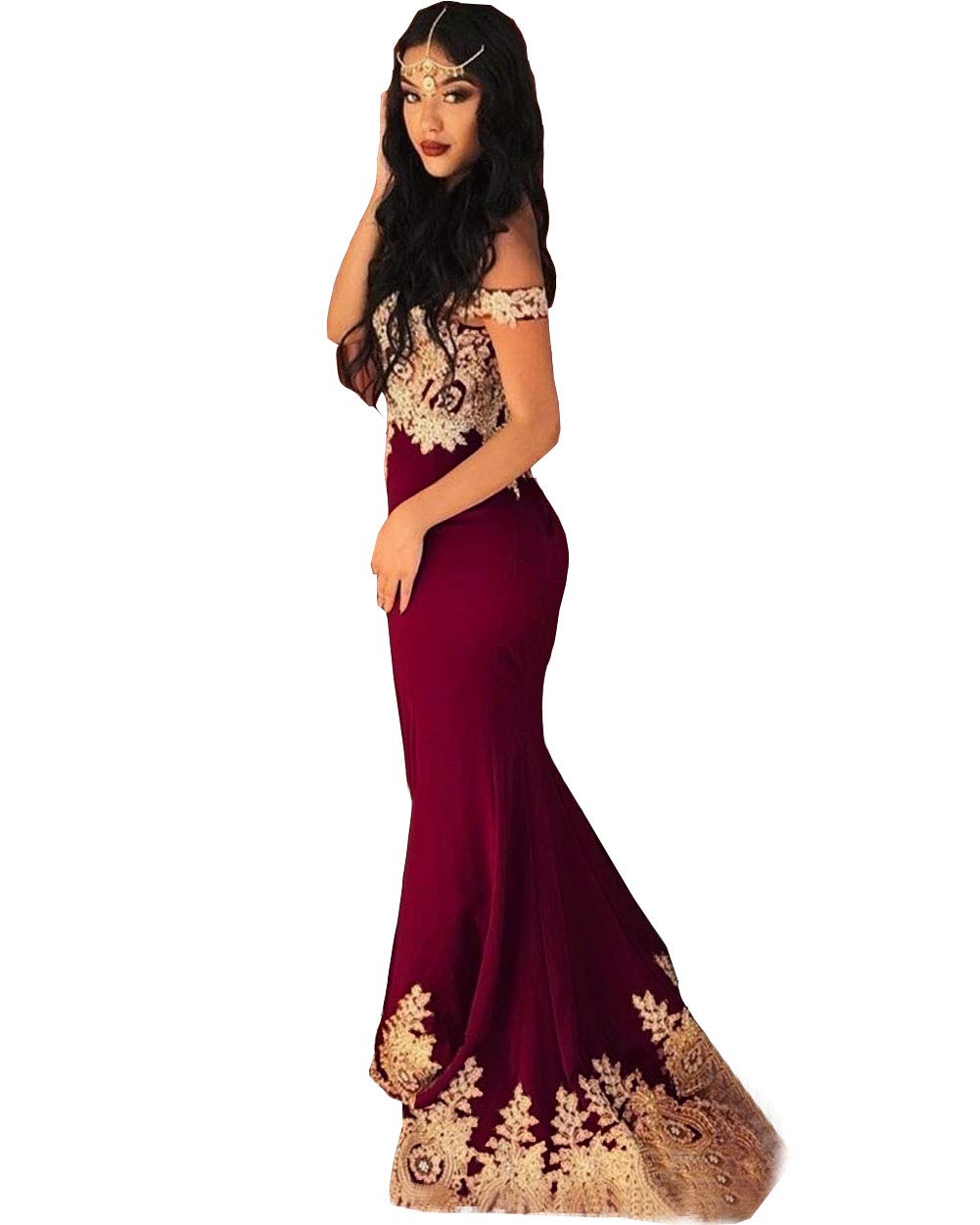 Emanni Women's Gold Lace Applique Mermaid Prom Dress - Off Shoulder Formal Evening Gown for Homecoming, Wedding, Pageant & Special Occasions