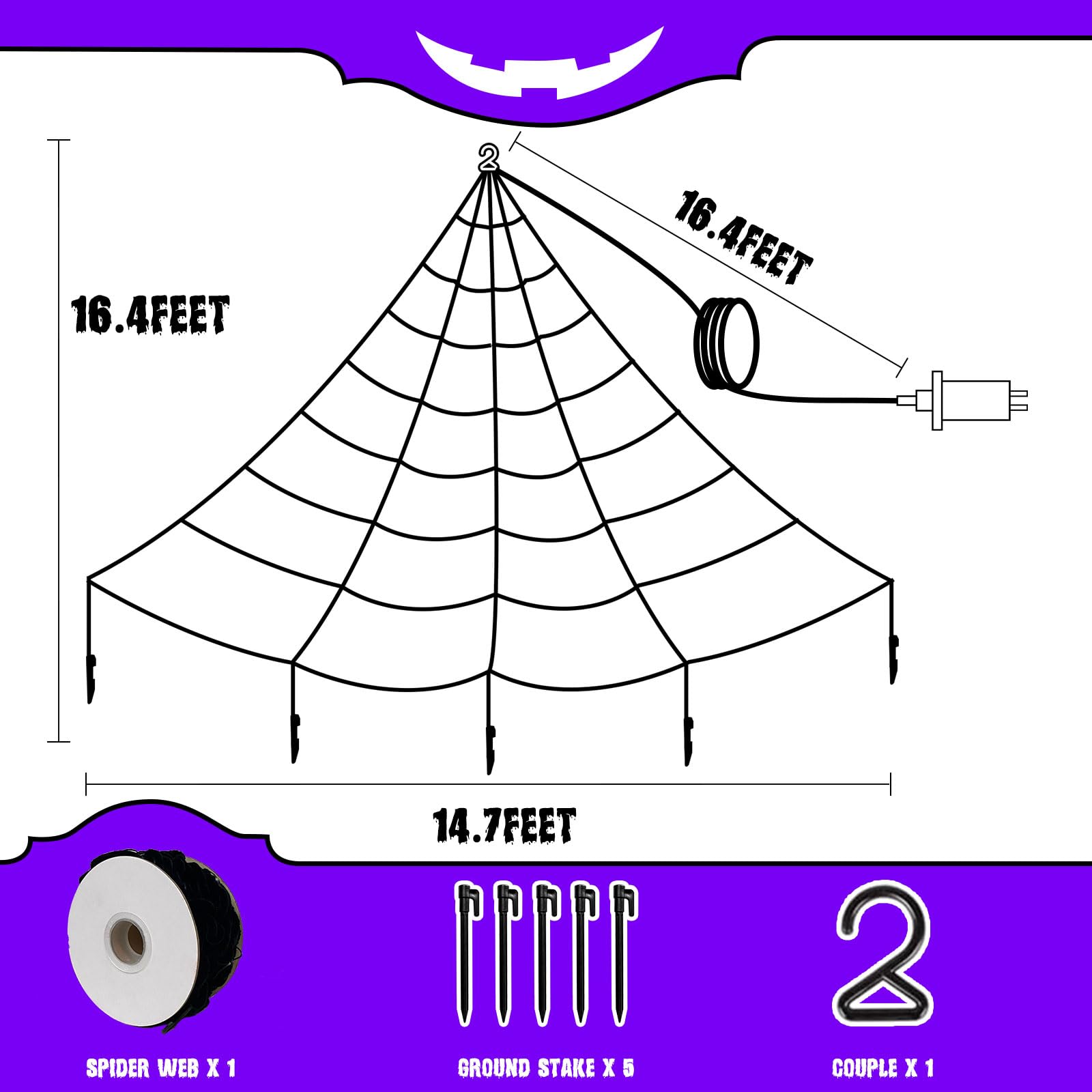 Vanthylit 16FT Giant Halloween Spider Web Lights with 135 LED Purple Bulbs - Outdoor Halloween Decorations for Party, Yard, Haunted House | Perfect for Halloween Party Decor, Front Porch Display, and Spooky Backyard Lighting