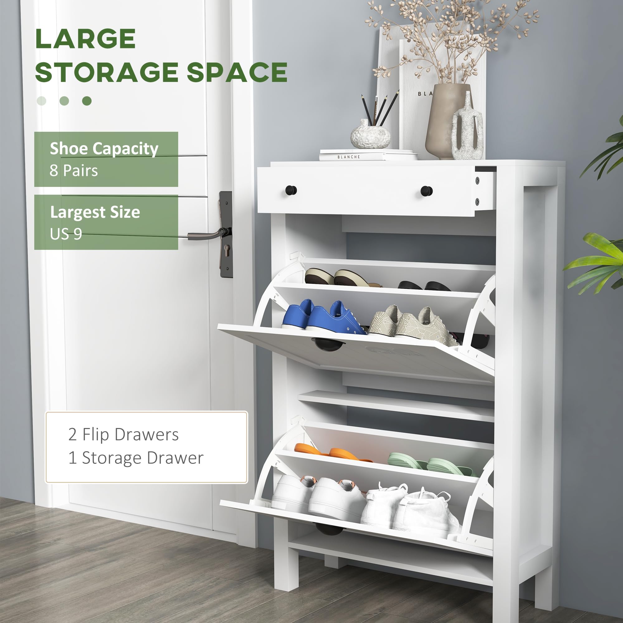 HOMCOM Shoe Cabinet Organizer - Freestanding Entryway Shoe Storage with 2 Flip Drawers & Adjustable Shelves, Holds 8 Pairs of Shoes - Perfect for Hallway, Closet or Small Space Organization