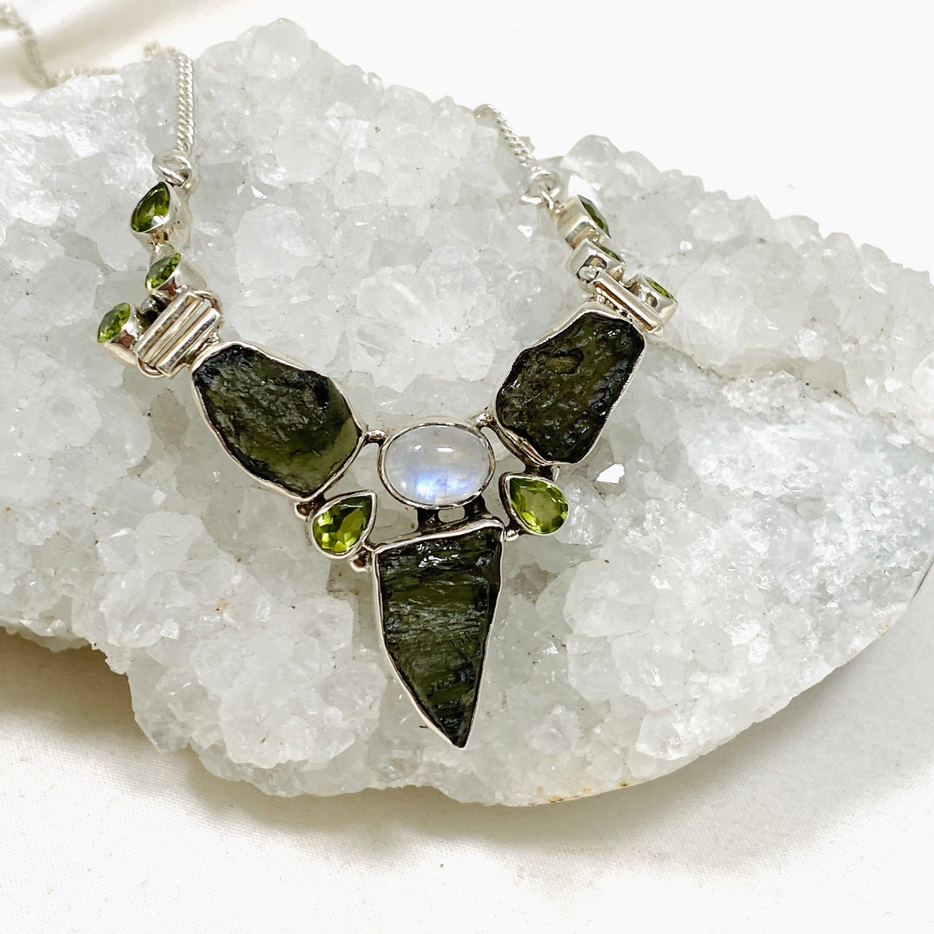 Natural Moldavite Moonstone Peridot Pendant Necklace - Elegant Healing Crystal Jewelry for Women - Perfect for Meditation, Spiritual Healing & Energy Balancing